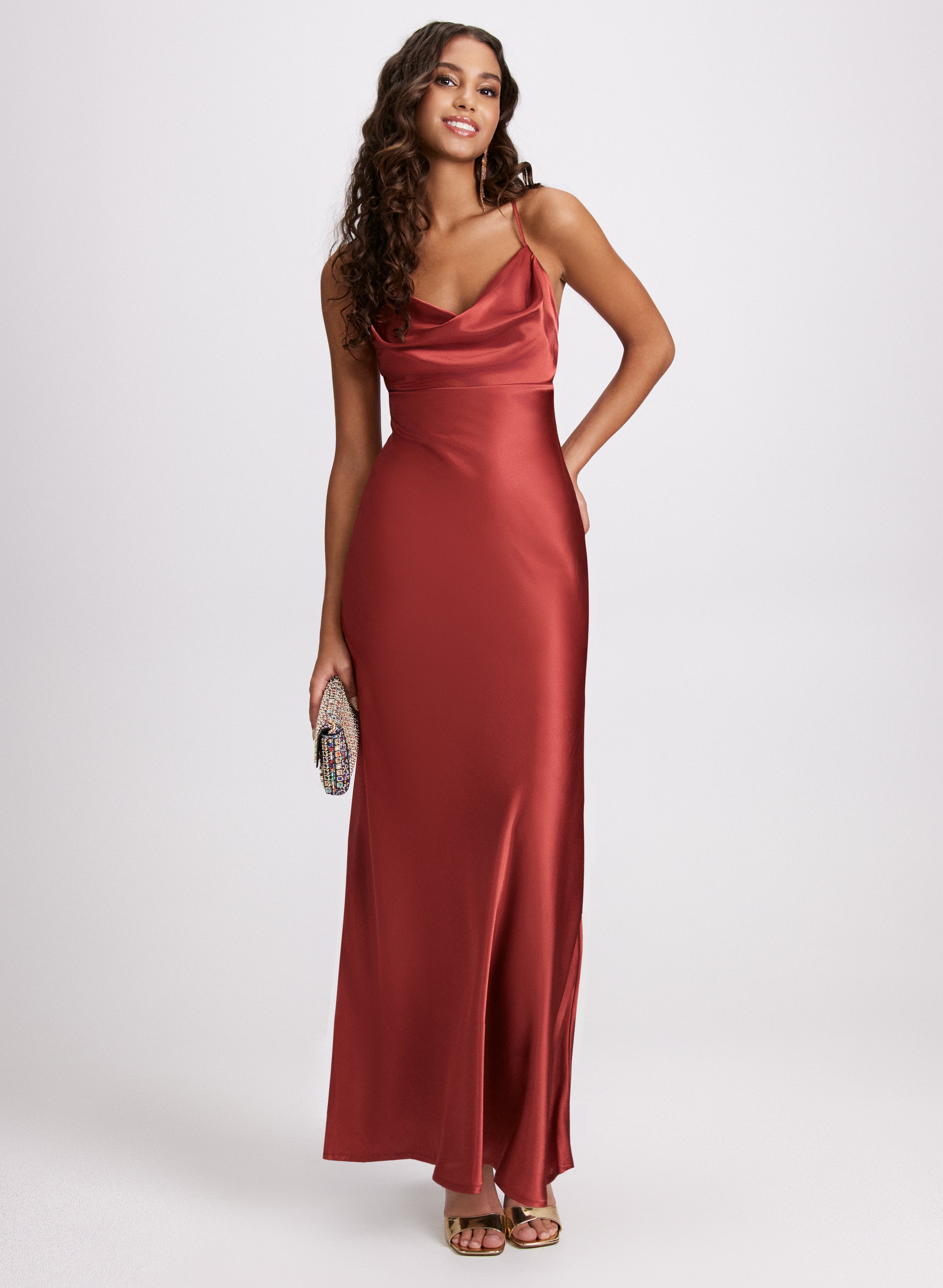 Elegant Drape Neck Satin Dress for Women - Formal Evening Gown for Parties, Weddings & Special Occasions
