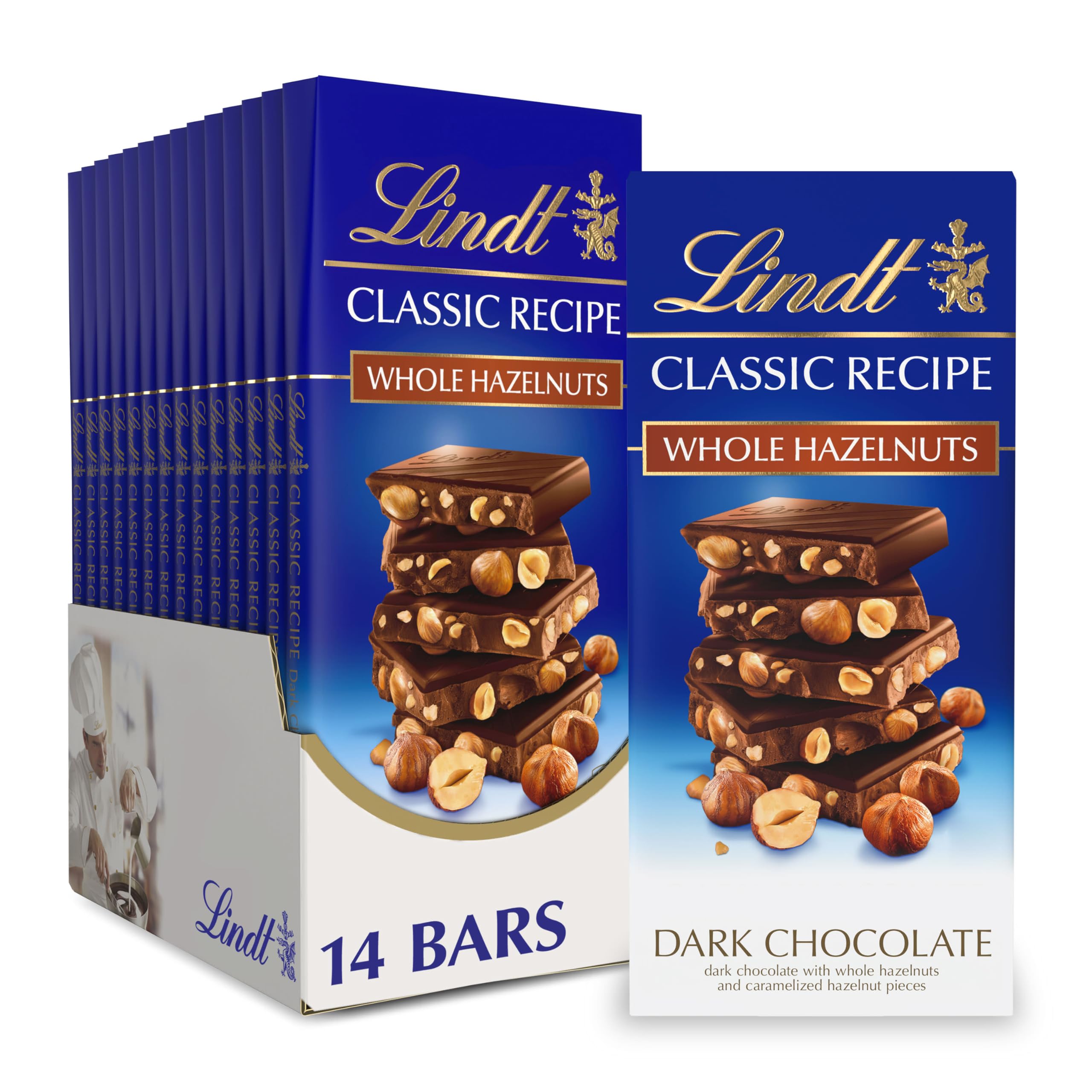 Lindt CLASSIC RECIPE Whole Hazelnut Dark Chocolate Candy Bar - Premium Swiss Dark Chocolate with Roasted Hazelnuts, 5.3 oz (14 Pack) - Perfect for Gifts, Parties & Chocolate Lovers