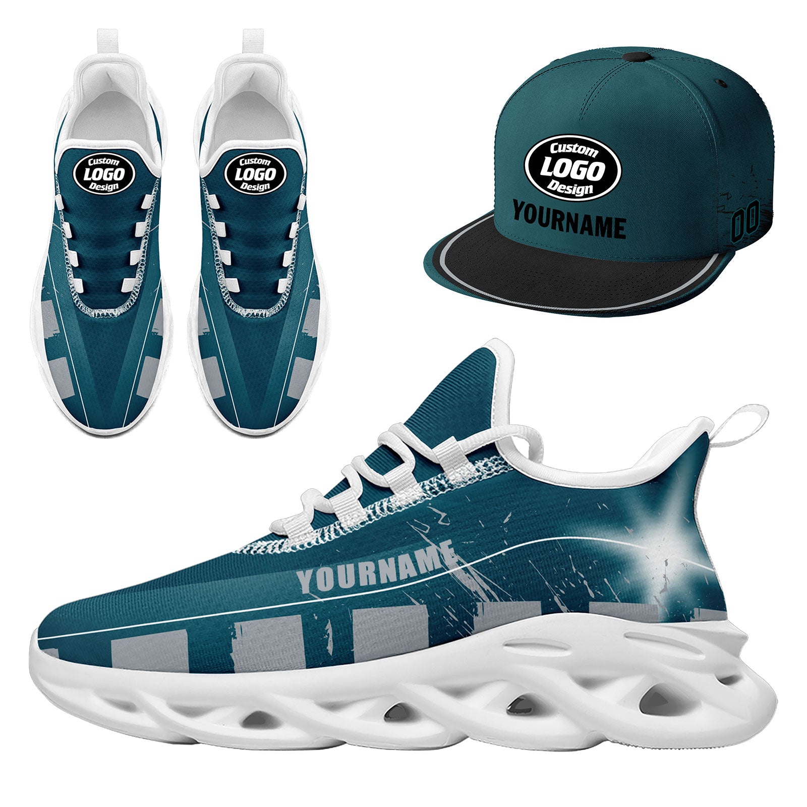 Custom Green & Gray Philadelphia MaxSoul Shoes and Hat Set - Personalized Sneaker & Cap Combo for Men & Women | Perfect for Streetwear, Urban Fashion & Sports Fans