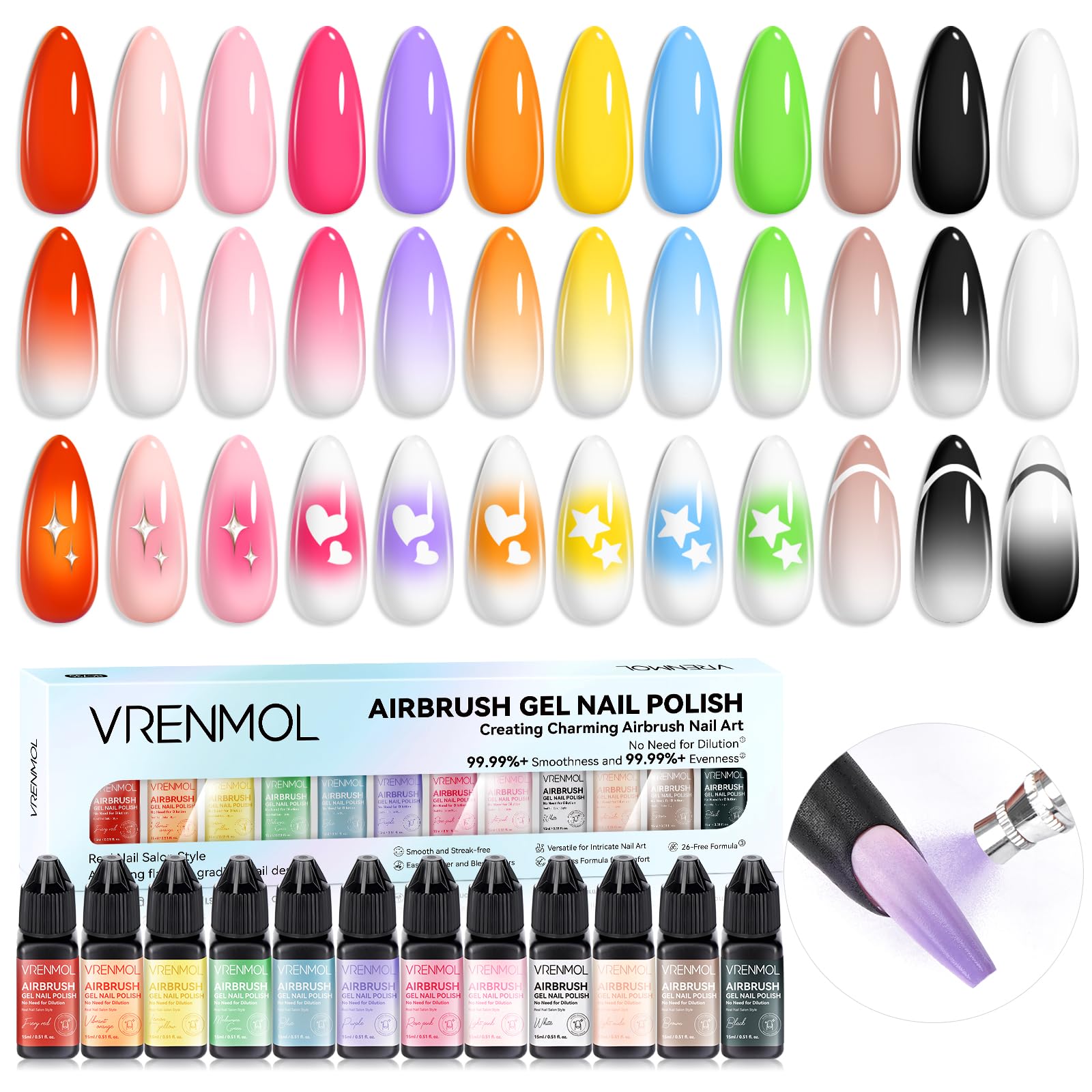 Vrenmol 12PCS Airbrush Gel Nail Polish Set - No Dilution Needed, 12 Vibrant Colors for Nail Art, Stencils, Ombre & French Manicures - Perfect for Salon, Home DIY & Professional Nail Artists