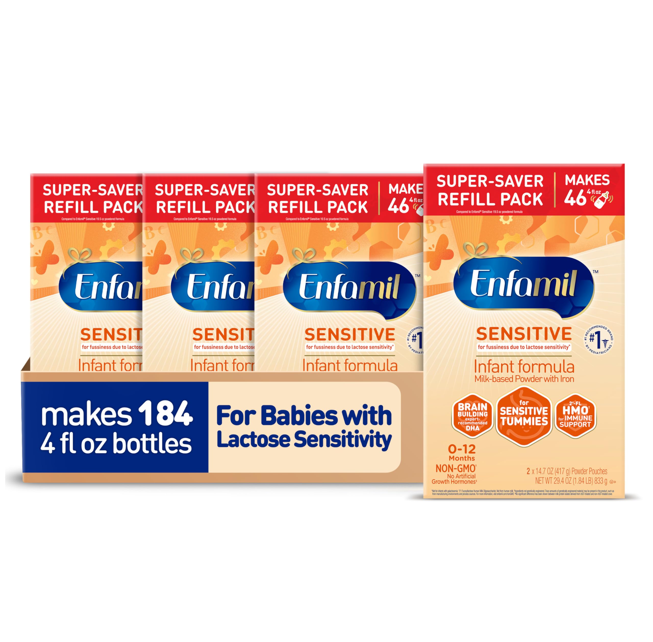 Enfamil Sensitive Baby Formula with DHA, Iron & Prebiotics - Lactose Sensitivity Infant Powder for Brain & Immune Support - Non-GMO, Breast Milk Inspired - 117.6 Oz Refill Box - Ideal for Newborns & Infants with Digestive Sensitivity