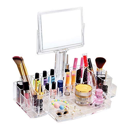 MUMUWUSG Transparent Cosmetic Storage Box with Lid & Double-Sided Mirror - Makeup Organizer for Lipstick, Brushes (14.8 x 8.7 x 13.4 inches) - Perfect for Dressing Table, Bathroom & Office Organization
