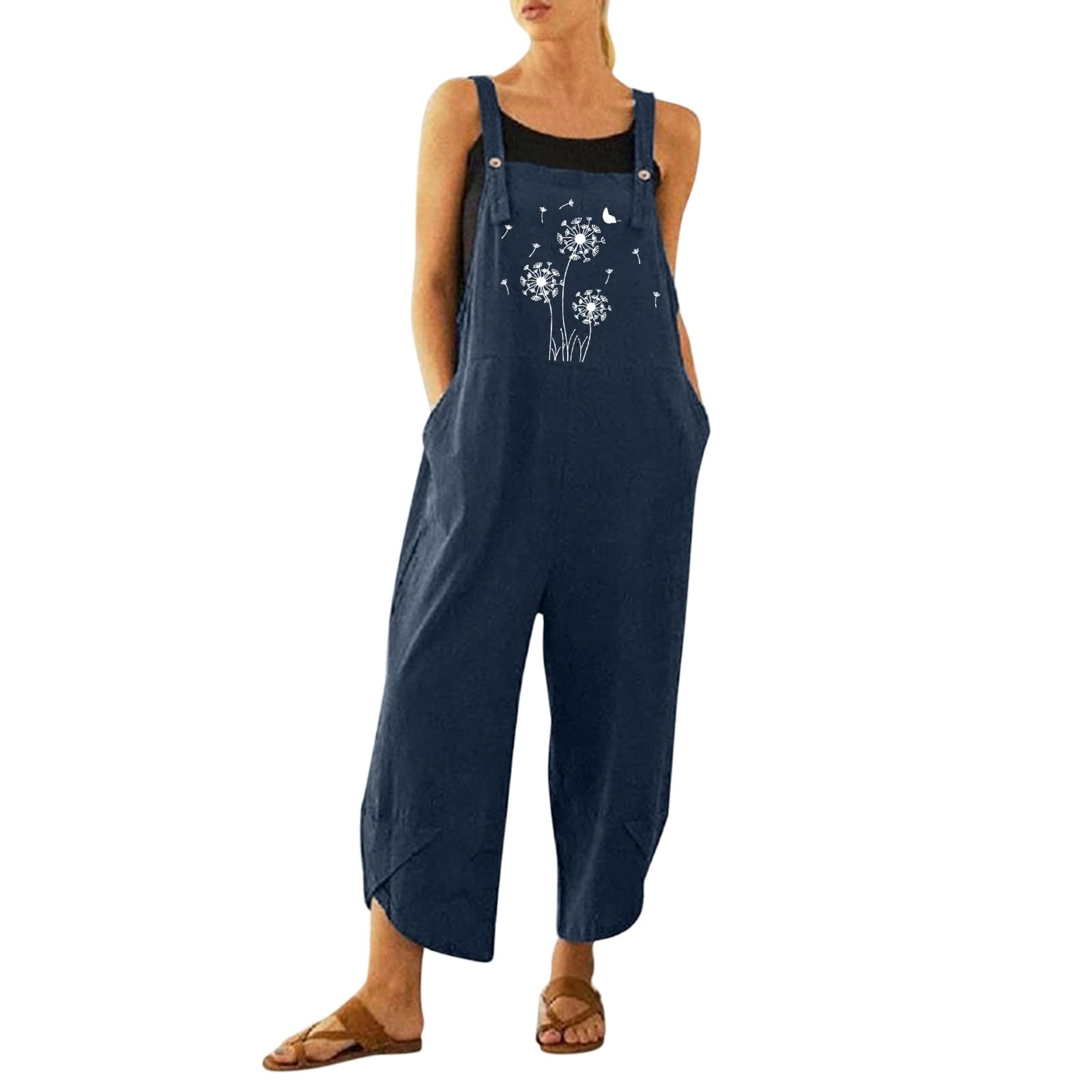 GTMANG Women's Summer Cotton Linen Overalls - Adjustable Button Dungarees, Loose Casual Navy Blue Jumpsuit for Women | Perfect for Beach Outings, Picnics, and Casual Everyday Wear