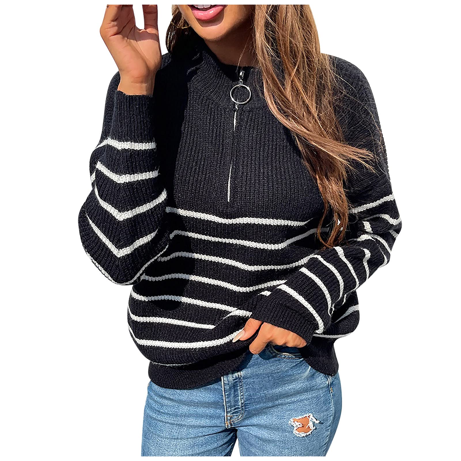 Women's Striped Half Zip Knit Sweater - Soft & Warm for Casual Wear