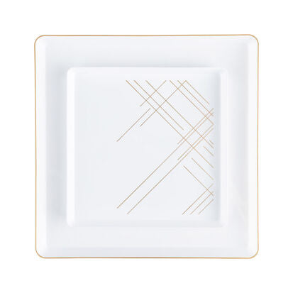 20-Pack White & Gold Geometric Square Plastic Dinnerware Set - 10 Guest Service - Modern Square Edge Plates, Bowls & Cups - Perfect for Parties, Weddings & Outdoor Dining