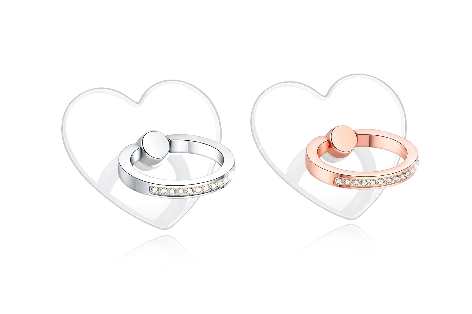 Sparkling Diamond Clear Heart Phone Ring Holder & Kickstand - Silver/Rose Gold - Secure Grip for iPhone, Samsung & More - Perfect for Selfies, Videos & Hands-Free Use