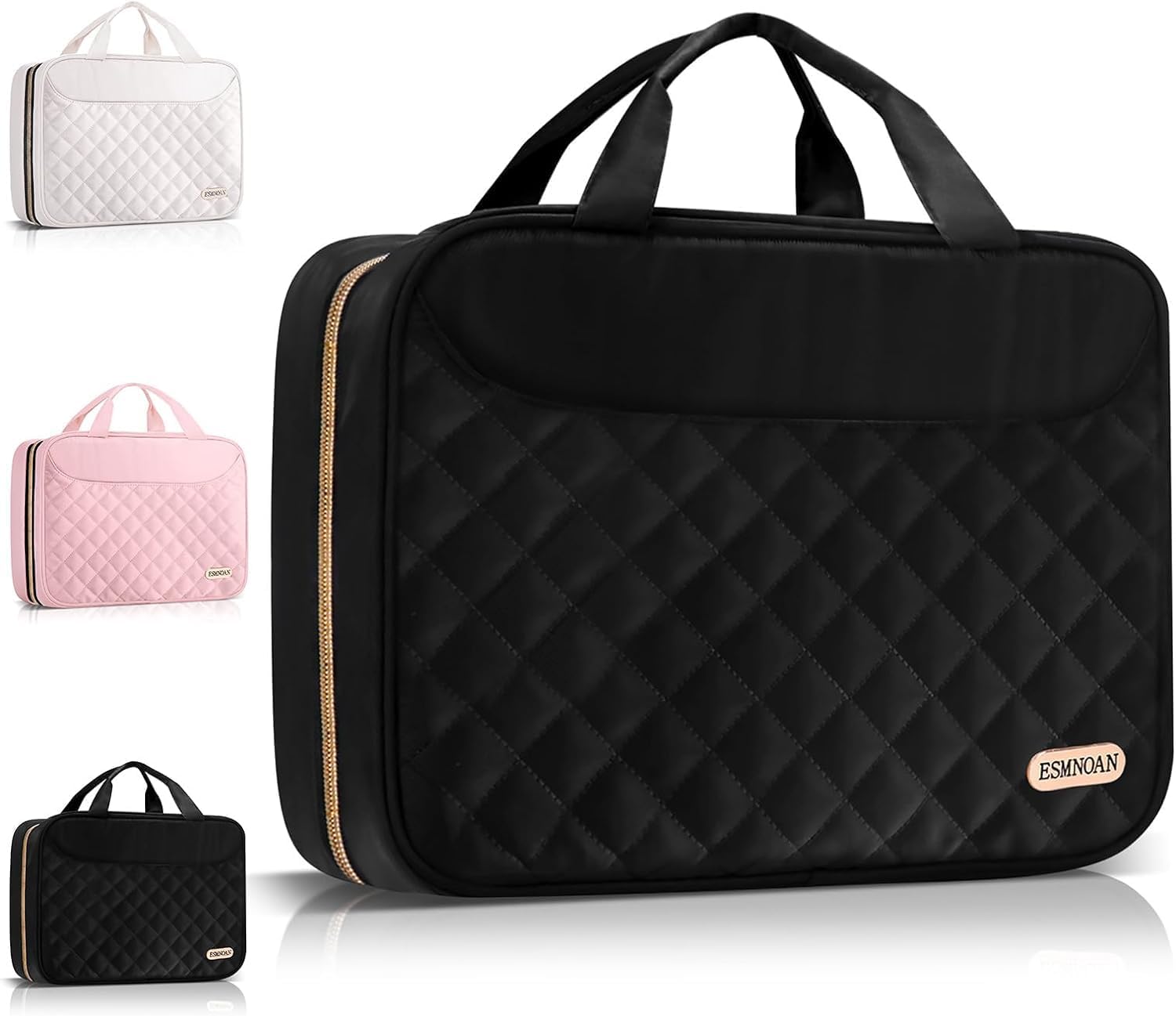 ESMNOAN Hanging Travel Toiletry Bag for Women - TSA Approved Cosmetic Organizer with Hook for Shampoo, Makeup Brushes & Full-Size Toiletries - Portable Waterproof Bathroom Essentials Bag for Vacation, Business Trips & Gym Use - Black