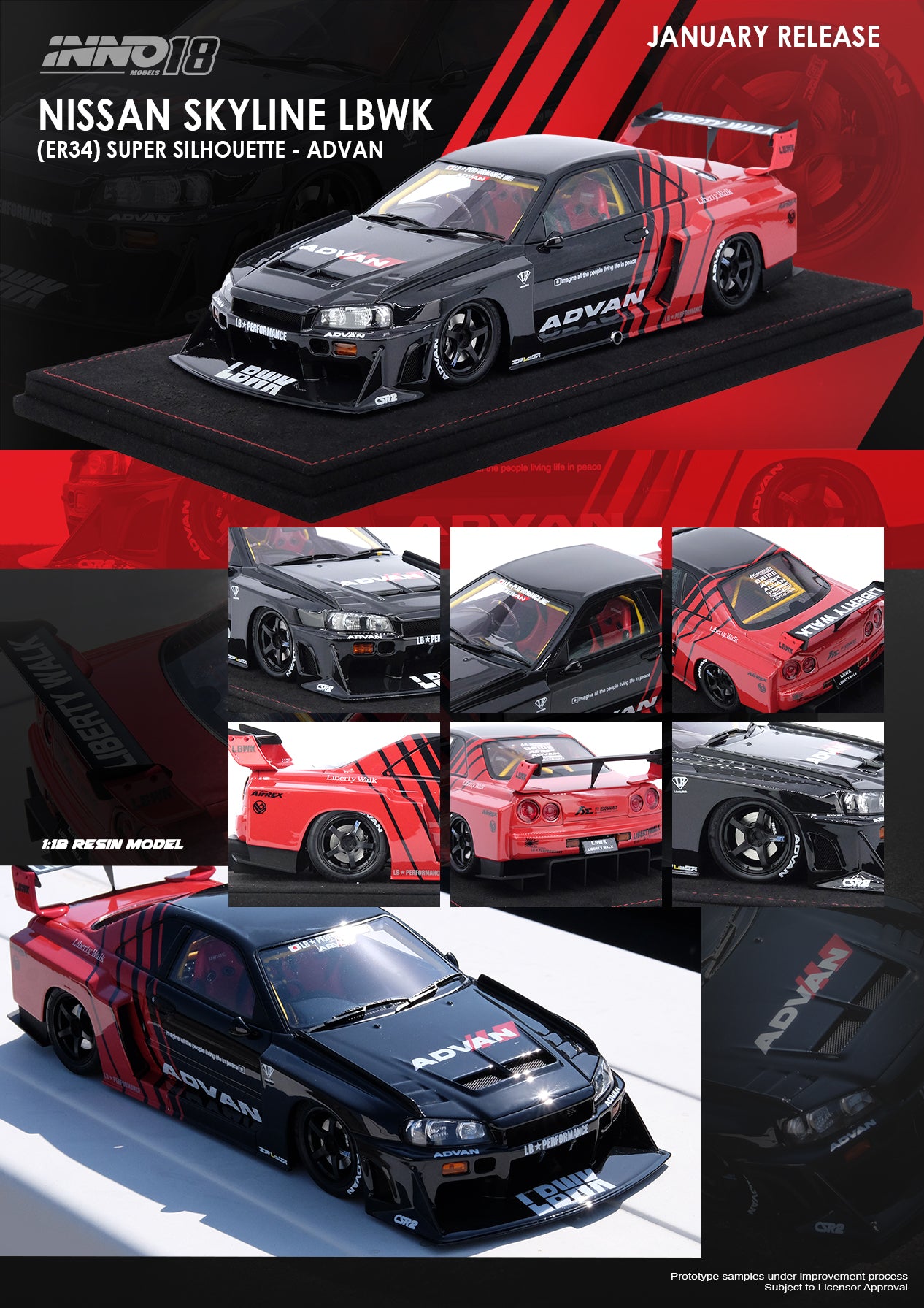 INNO18 1:18 Scale Nissan Skyline ER34 Super Silhouette LBWK Model Car with ADVAN Racing Livery - Collectible Diecast Vehicle for Display, Racing Enthusiasts & Car Model Collections