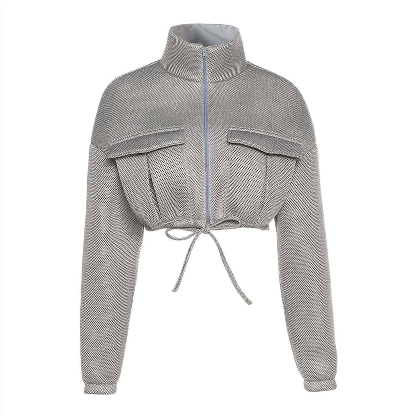 A+TTXH+L Women's Slim Fit Down Jacket - Mesh Plaid Turtleneck Crop Coat with Zipper Pockets & Drawstring - Lightweight Outerwear for Autumn & Spring (Gray, Large) | Perfect for Casual Outings, Travel & Outdoor Activities