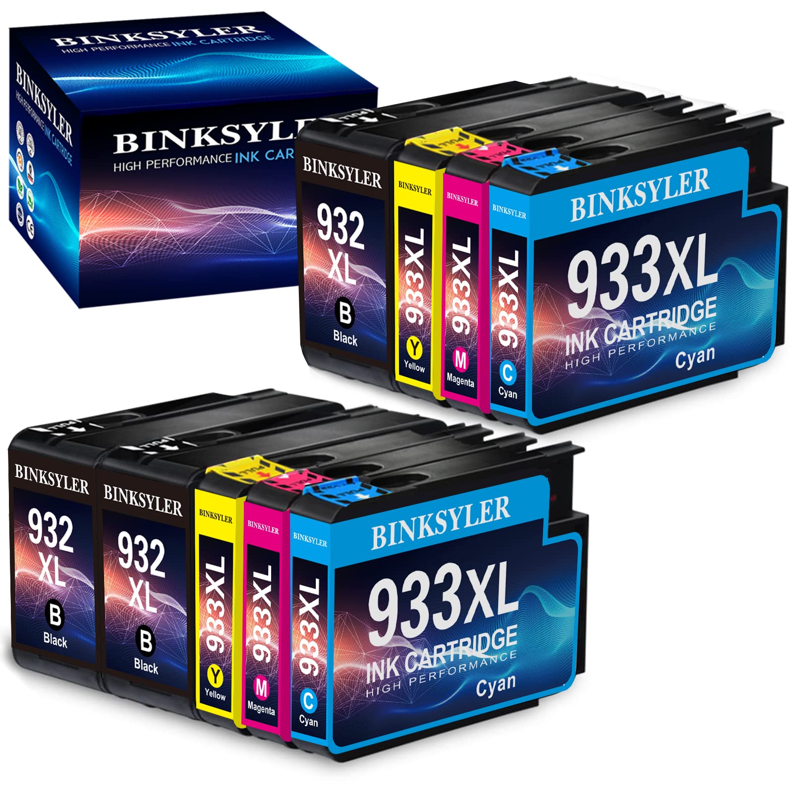 BINKSYLER 9-Pack HP 932XL 933XL Compatible Ink Cartridges Replacement (3 Black, 2 Cyan, 2 Magenta, 2 Yellow) for HP Officejet 6600 6700 6100 7612 7610 7110 Printers - High Yield Printing for Home & Office Documents, Photos, and Reports