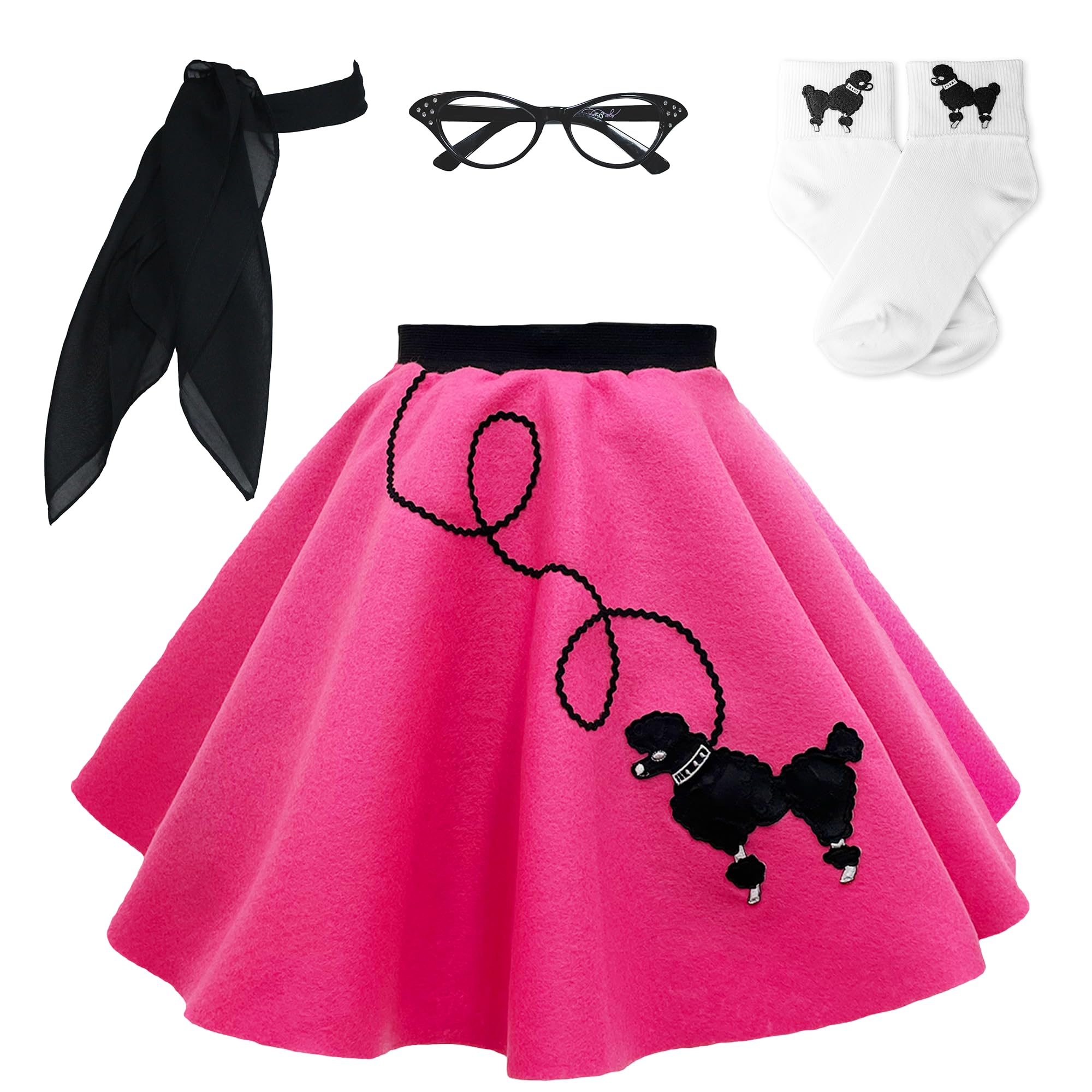 1950s Poodle Skirt Costume Set for Girls - 4 Piece 50s Rockabilly Outfit with Glasses, Socks & Scarf | Perfect for Halloween, Sock Hop Parties & Vintage Theme Events