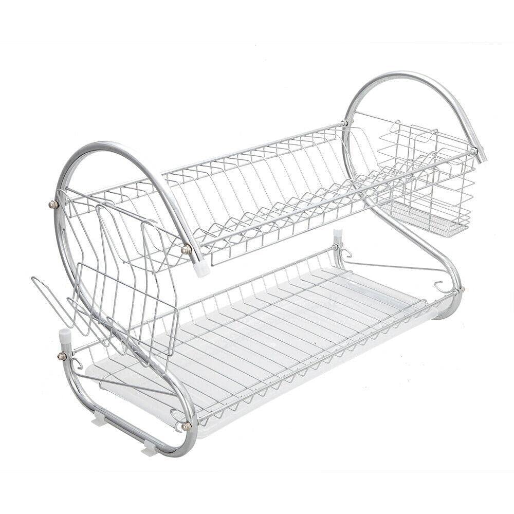 2-Tier Dish Drainer Rack with Drip Tray - Kitchen Sink Organizer for Dishes & Utensils