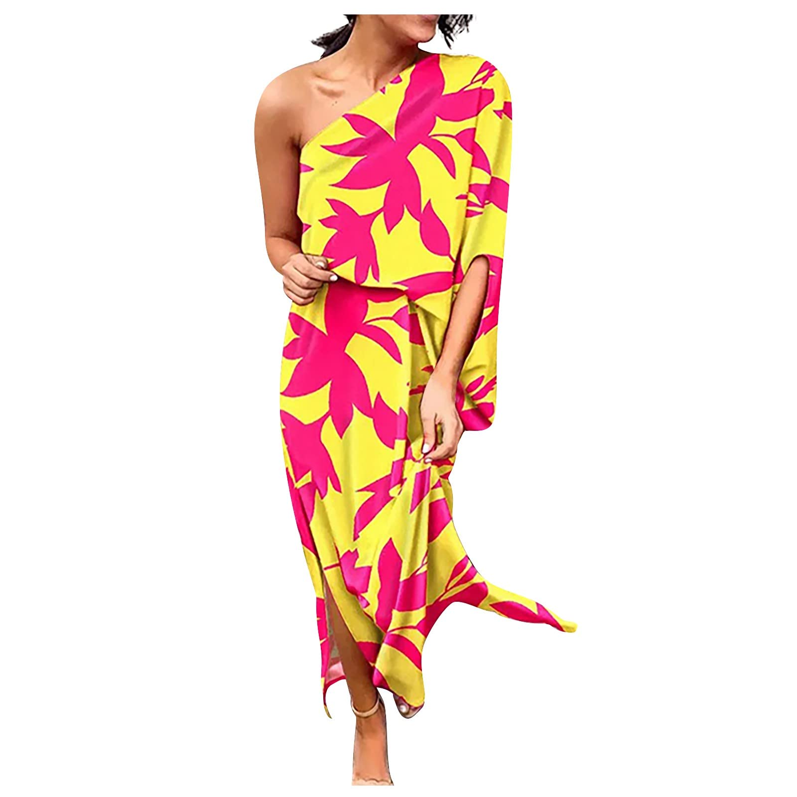 Women's Floral Print One Shoulder Maxi Dress with Batwing Sleeves & High Slit - Sexy Summer Party Dress for Club, Beach Vacation & Date Night