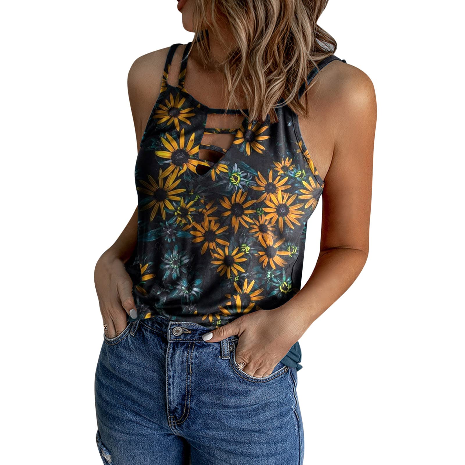 Elegant Women's Business Casual Blouse - Summer Cutout Tops with Sunflower Print | Perfect for Office Wear, Date Nights & Casual Outings