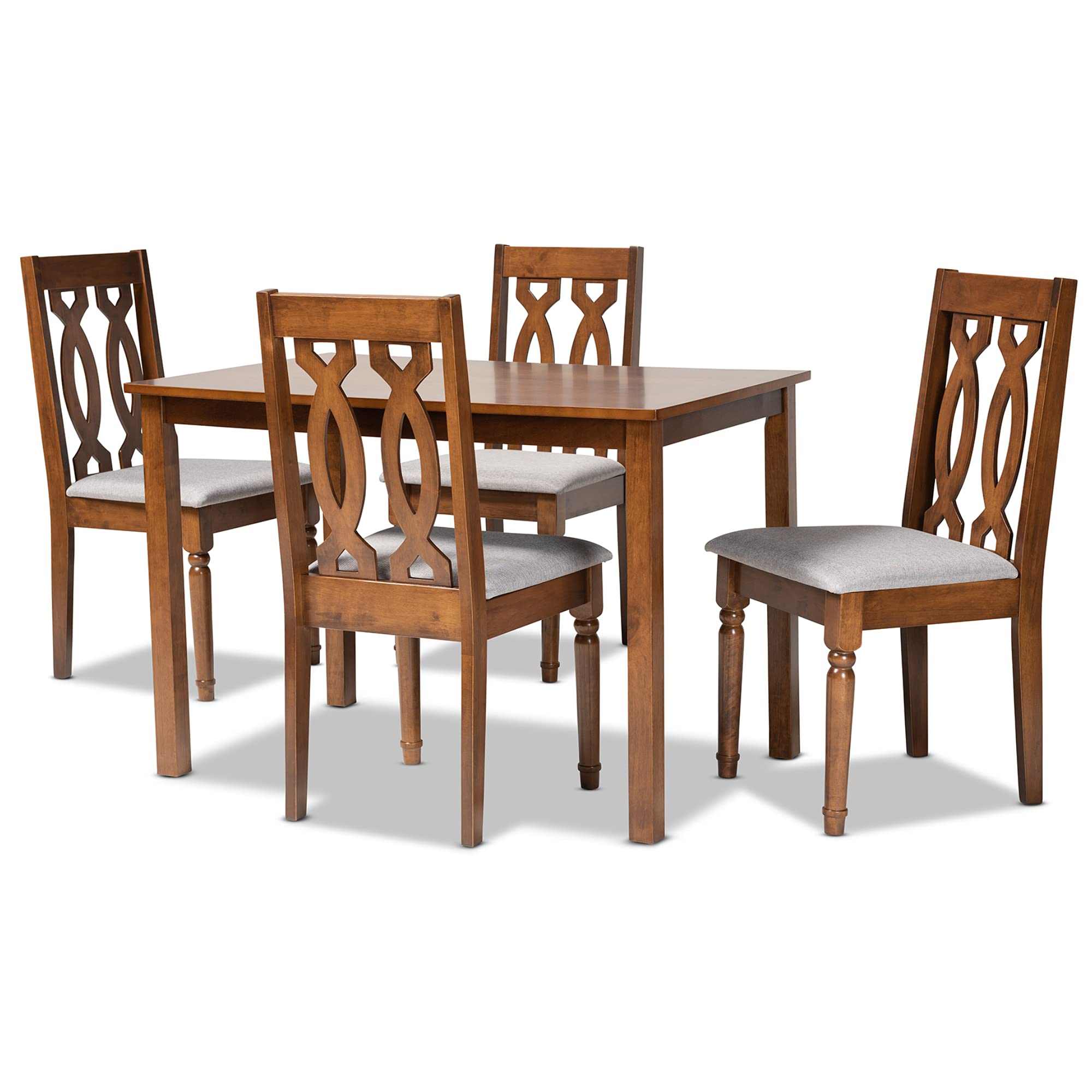 Baxton Studio Cherese 5-Piece Wood Dining Set - Grey Fabric Upholstered Chairs with Walnut Brown Finish | Perfect for Small Spaces, Apartments & Modern Dining Rooms