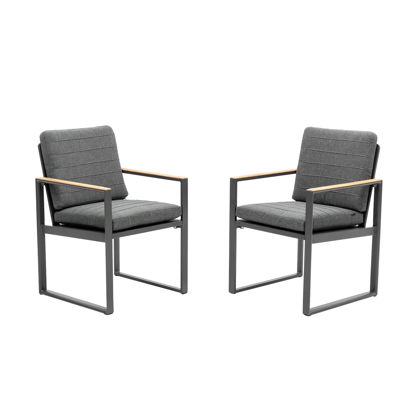 Premium Outdoor Dining Chair Set of 2 - Weather-Resistant Aluminum Patio Chairs with Teak Armrests & Cushions - Grey Garden Furniture for Backyard, Poolside & Restaurant Use