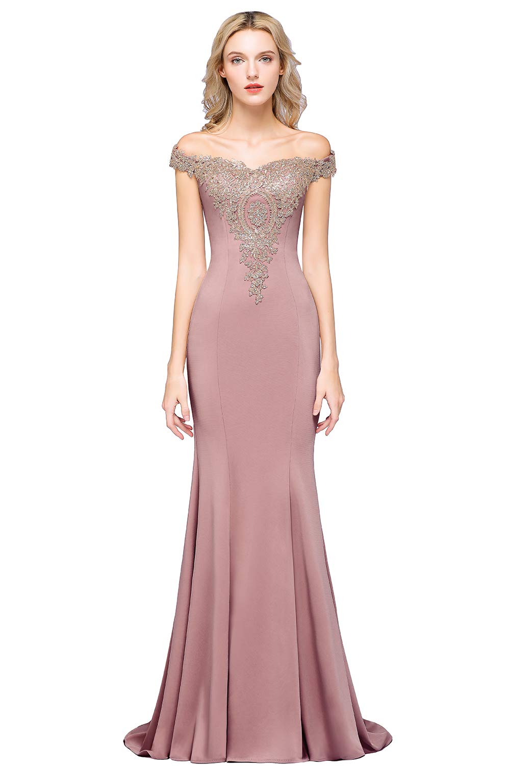 MisShow Long Gold Lace Applique Mermaid Prom Dress Off Shoulder Formal Evening Gowns - Elegant Ball Gown for Homecoming, Wedding, Party & Special Occasions