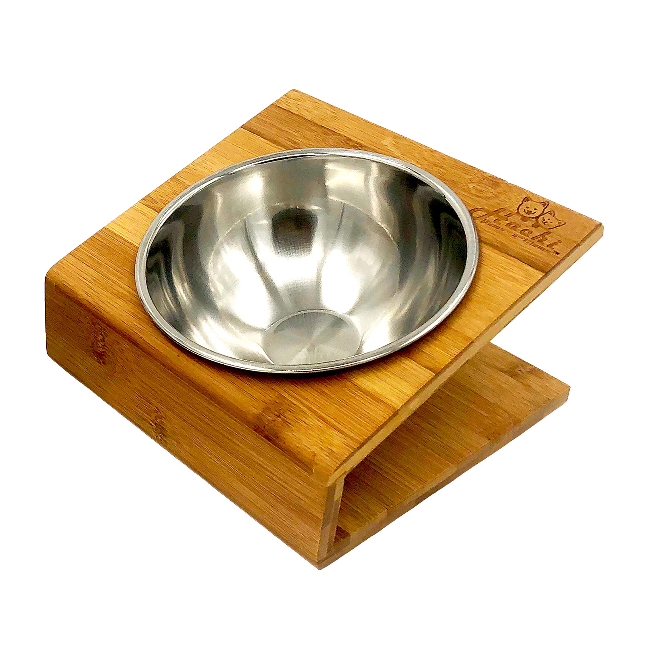 Elevated Slanted Pet Bowl for Cats & Dogs - Bamboo Raised Dog & Cat Feeder with Stainless Steel Bowls & Non-Slip Base - Perfect for Small Pets, Senior Animals & Pets with Neck Pain - Ideal for Home, Kitchen & Travel Use