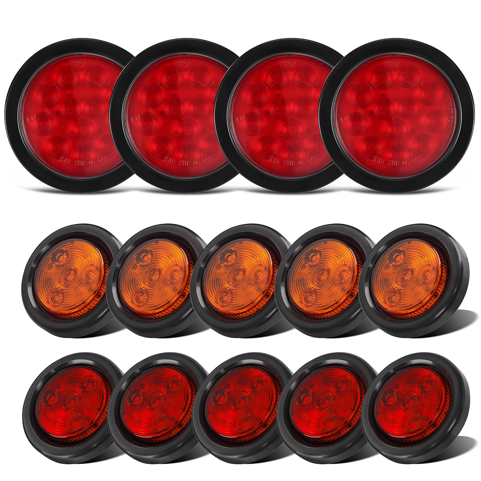 Partsam 4 Inch LED Trailer Lights Kit - 4Pcs Round Tail Lights (12LED) & 10Pcs 2 Inch Round Side Marker Lights (5 Amber + 5 Red) with Grommet Plugs & Wire Pigtails - Waterproof for Trucks, Trailers, RVs & Boats