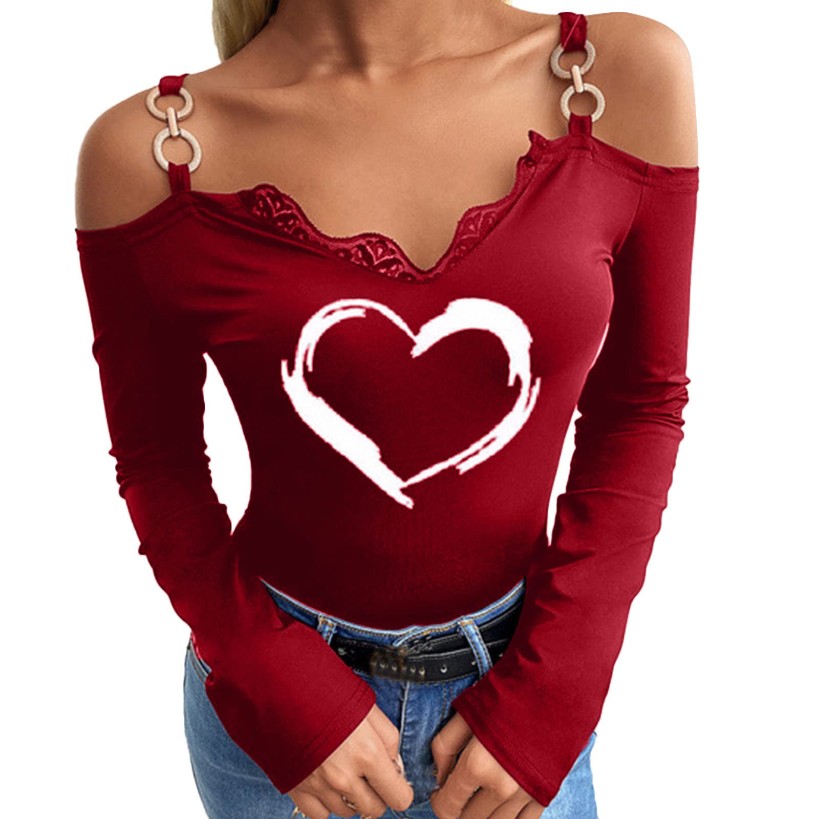 FMCHICO Women's Sexy Lace V-Neck Off Shoulder T-Shirt - Heart Print Long Sleeve Slim Fit Blouse for Casual Wear, Date Night & Party Outfits