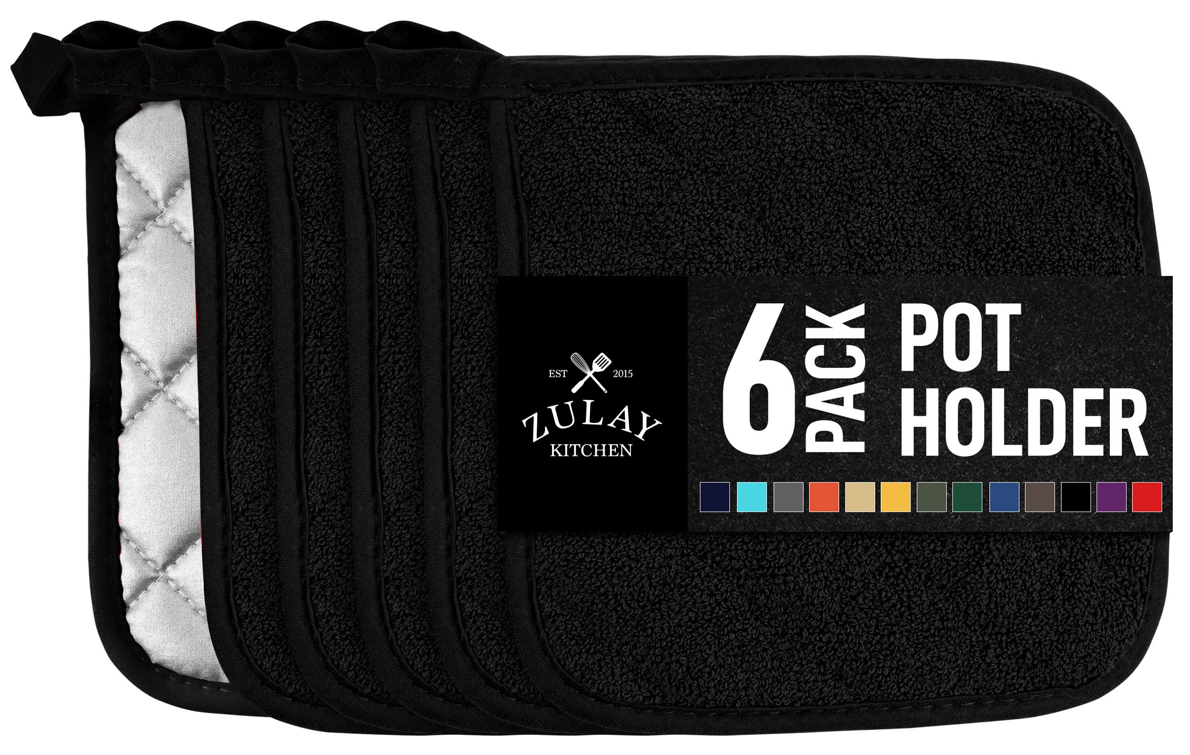 Zulay 6-Pack Heat Resistant Cotton Pot Holders - 7x7 Inch Quilted Terry Cloth Kitchen Potholders for Cooking, Baking & Grilling - Washable Hot Pad Set for Stove, Oven & BBQ (Black)