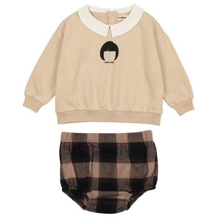 Urbani Navy Plaid Bloomers & Cream Collared Sweatshirt Set - Cute Matching Outfit for Girls | Perfect for Family Photos, Playdates & Special Occasions