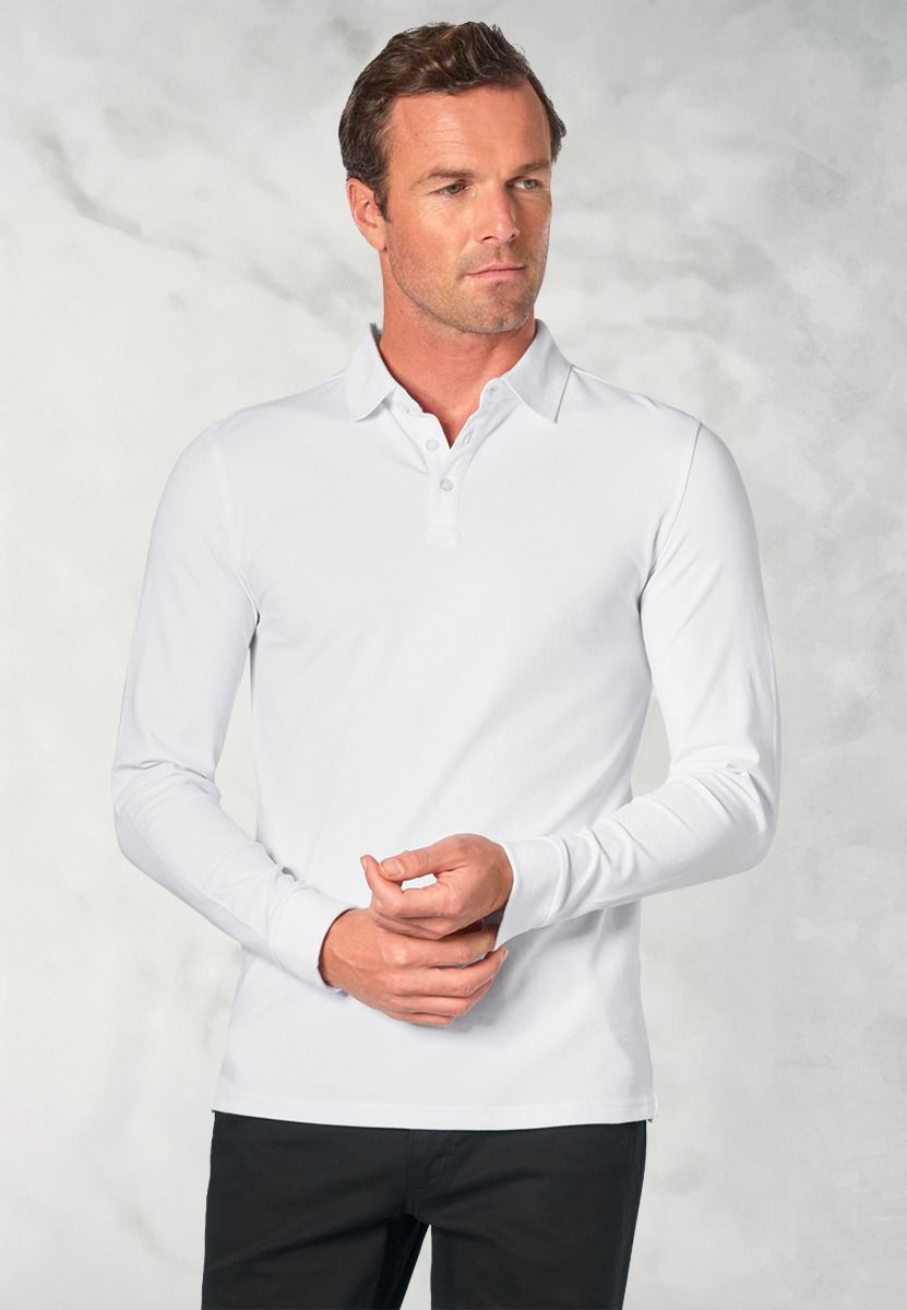 Men's White Long Sleeve Polo Shirt - Classic Cotton Casual Button Down Shirt for Work, Golf & Business | Breathable Comfort Fit for Office & Outdoor Activities