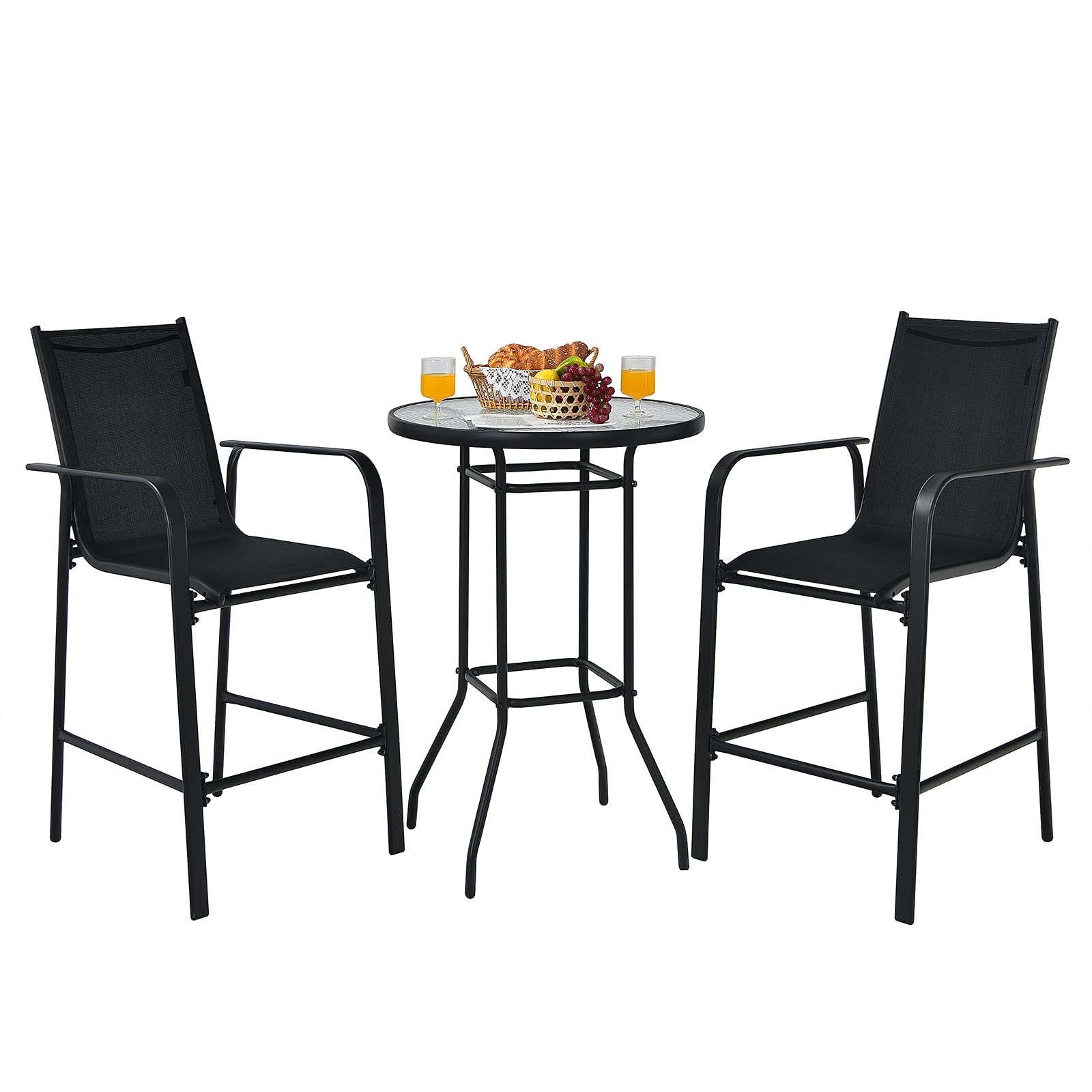 Tangkula 3-Piece Outdoor Bar Set - 2 Bar Stools & 1 Tempered Glass Table - Patio Bistro Set for Backyard, Garden, Lawn, Balcony - Black - Perfect for Outdoor Dining, Entertaining & Relaxation