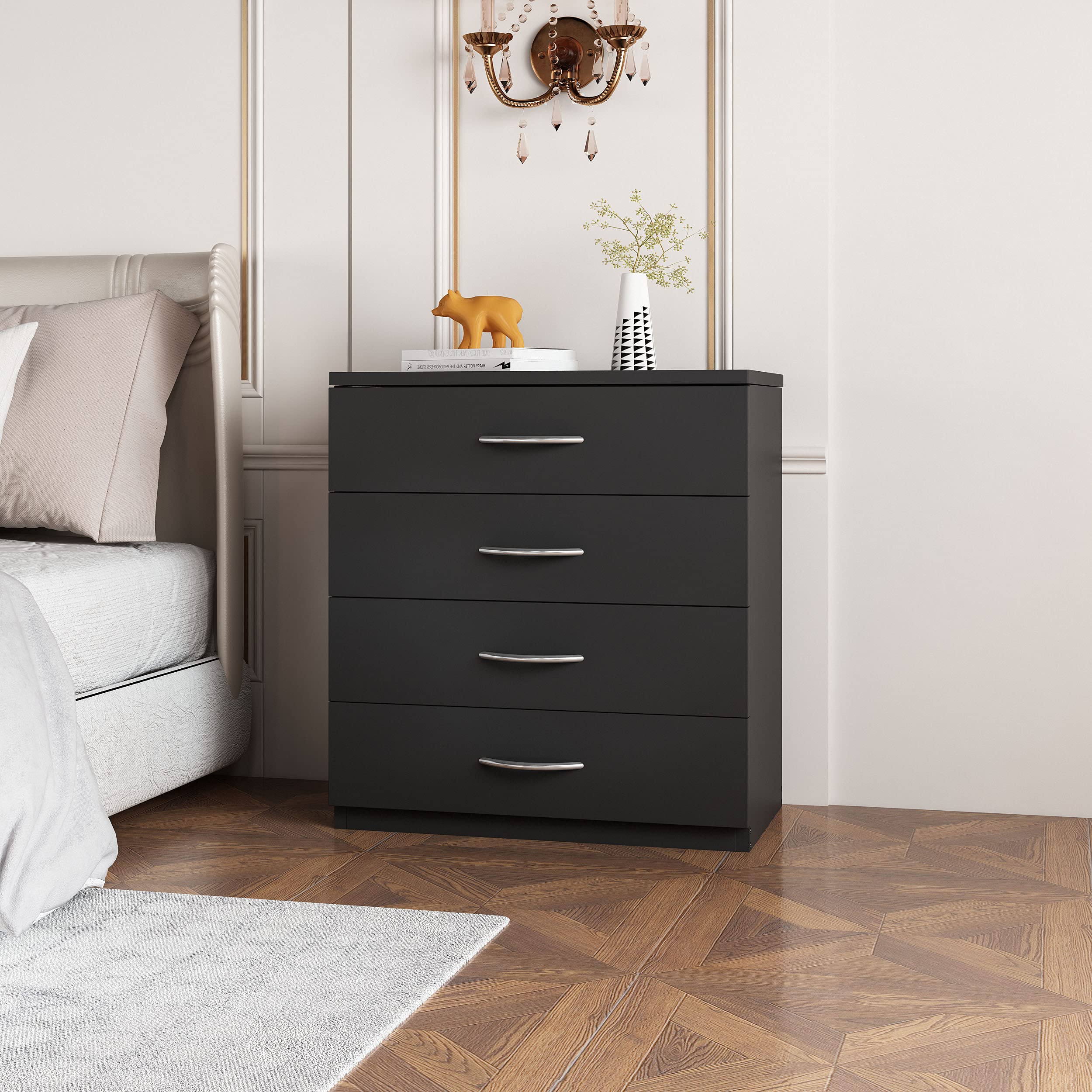 Modern 4-Drawer Dresser with Wide Storage Space - Solid Wood Chest Organizer for Bedroom, Living Room & Entryway - Black | Stylish Home Storage Solution for Clothes, Linens & Accessories
