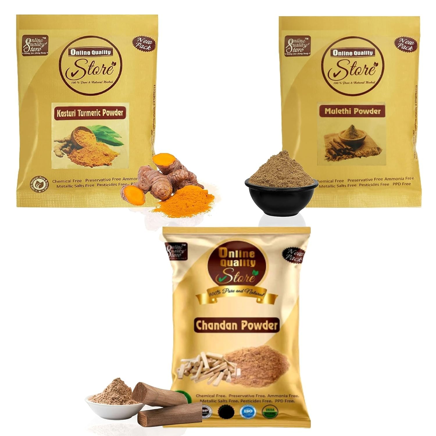 Premium Kasturi Haldi Powder (Wild Turmeric) - 50g | Organic Chandan (Sandalwood) Powder - 50g | Pure Mulethi (Licorice Root) Powder - 50g | Herbal Ayurvedic Spices for Skin Care, Cooking & Wellness