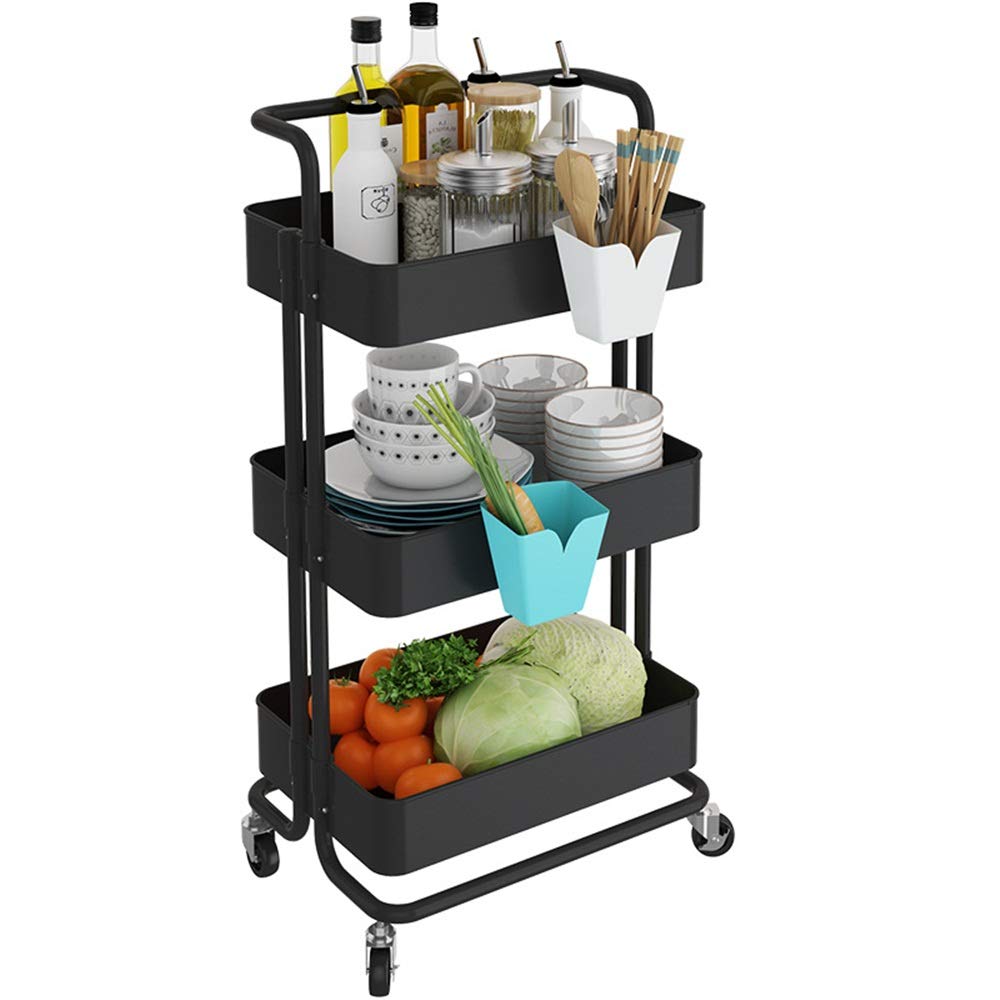 3-Tier Heavy Duty Rolling Utility Cart with Wheels & Handle - Mobile Kitchen Storage, Craft Organization, Workshop Trolley - Black (42.5x35.5x86.8cm) - Perfect for Home, Office, Restaurant & Industrial Use