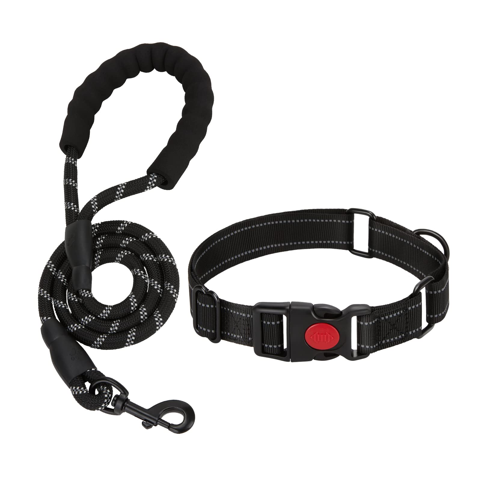 Zbrivier Reflective Dog Collar & Leash Set - Adjustable Nylon Pet Collar with Comfortable Padded Handle, Durable for Small Medium Large Dogs (Large, Black) - Perfect for Night Walks, Jogging & Outdoor Adventures