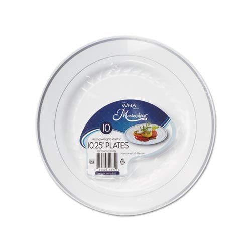 WNA RSM101210WS 10.25 Inch White Plastic Plates with Silver Accents - Round Disposable Dinner Plates (120 Count) for Parties, Weddings & Catering Events