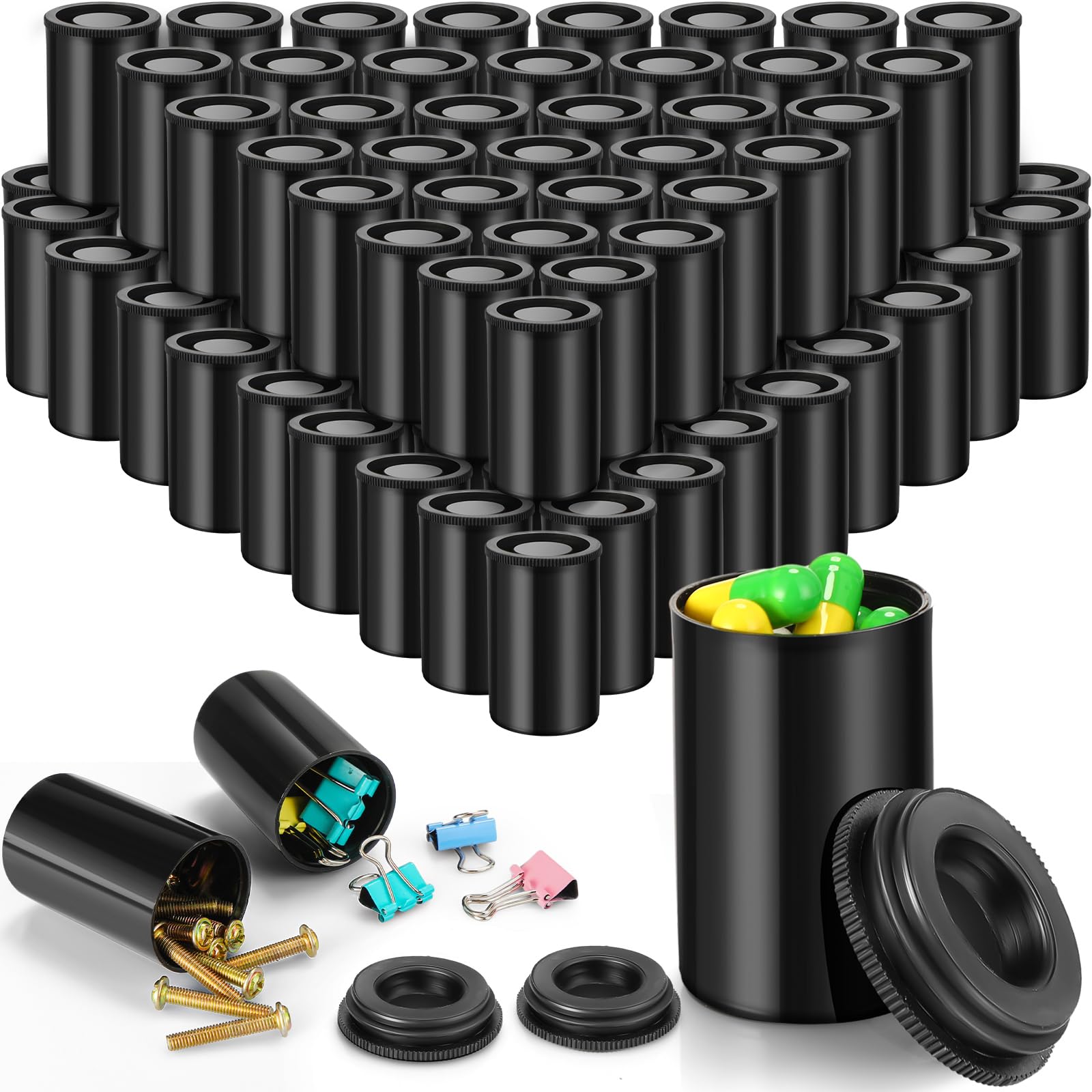 100-Piece Black Plastic Film Canister Set - 35mm Empty Camera Reel Storage Containers with Lids for Small Accessories, Fishing Hooks, Beads & Craft Supplies | Perfect for Photography, Jewelry Making & DIY Organization