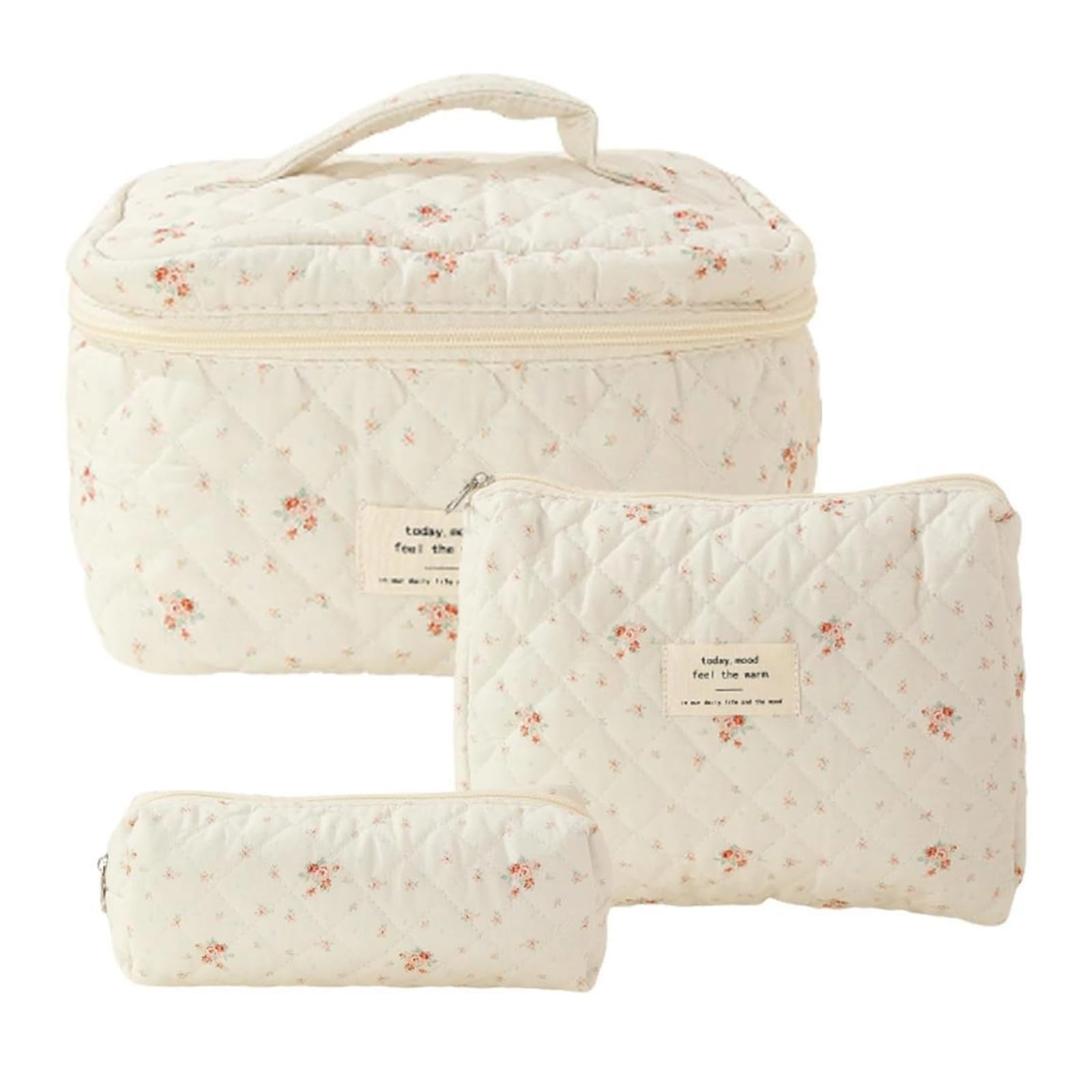 Floral Quilted Cotton Makeup Bag Set - 3 Pack Aesthetic Cosmetic Organizer for Travel, Toiletries & Daily Use (White Flower Design) | Perfect for Women's Beauty Essentials, Gym, and Weekend Getaways