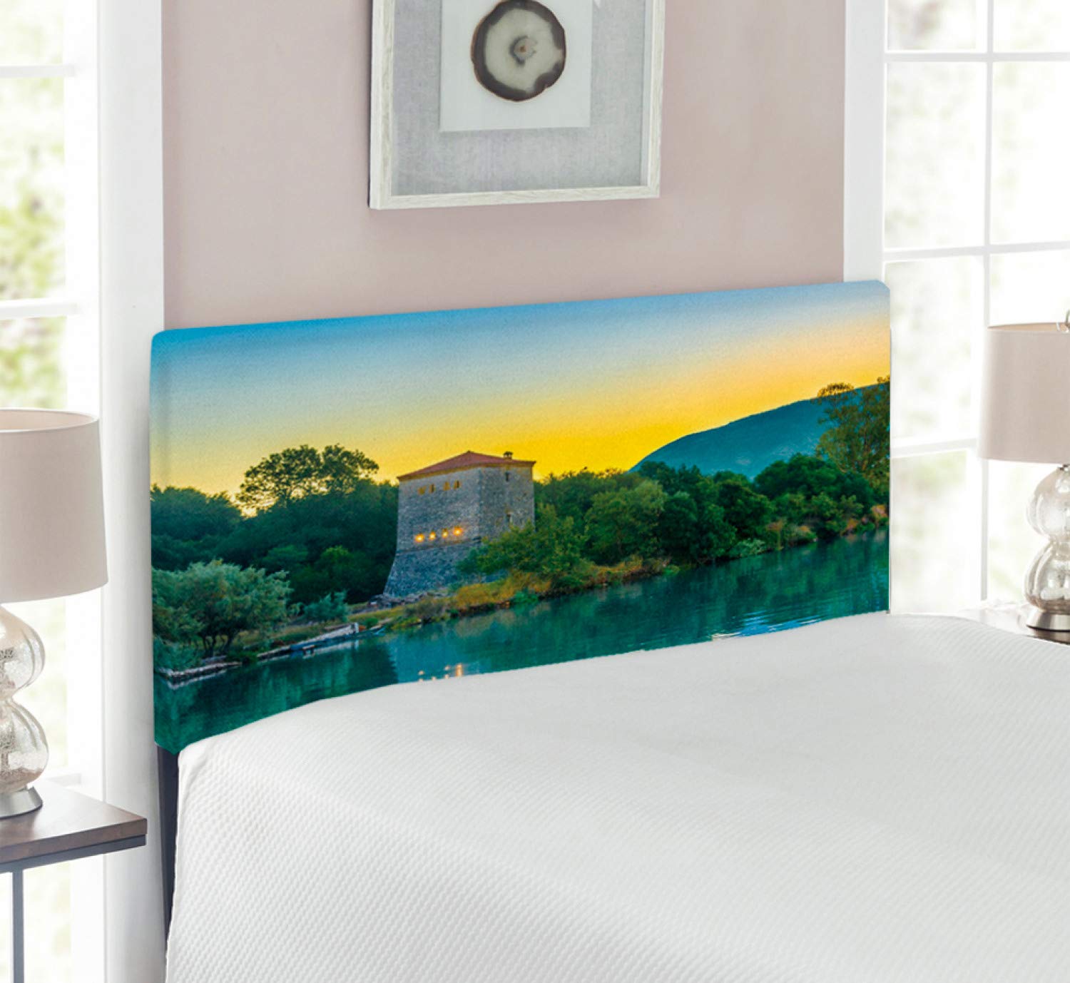 Ambesonne Asian Headboard - Venetian Tower Archaeological Site Sunrise Lake Sanctuary Landscape - Upholstered Decorative Metal Bed Headboard with Memory Foam - Twin Size Blue Green - Perfect for Bedroom Decor & Guest Room Styling