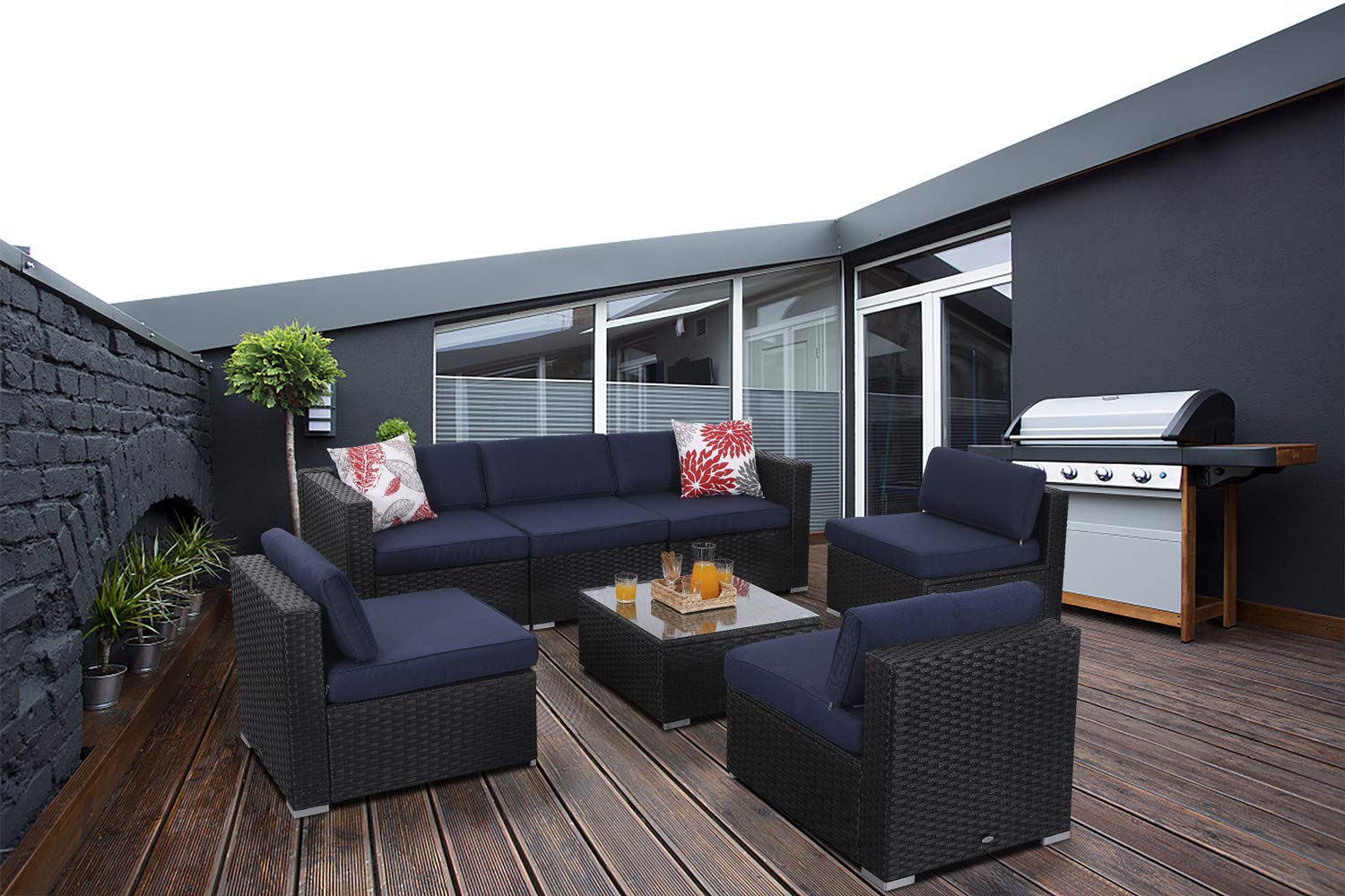 PHI VILLA 7-Piece Outdoor Patio Furniture Set - Navy Blue Rattan Sectional Sofa with Tempered Glass Table - Weather-Resistant Wicker Conversation Set for Garden, Poolside & Backyard Relaxation