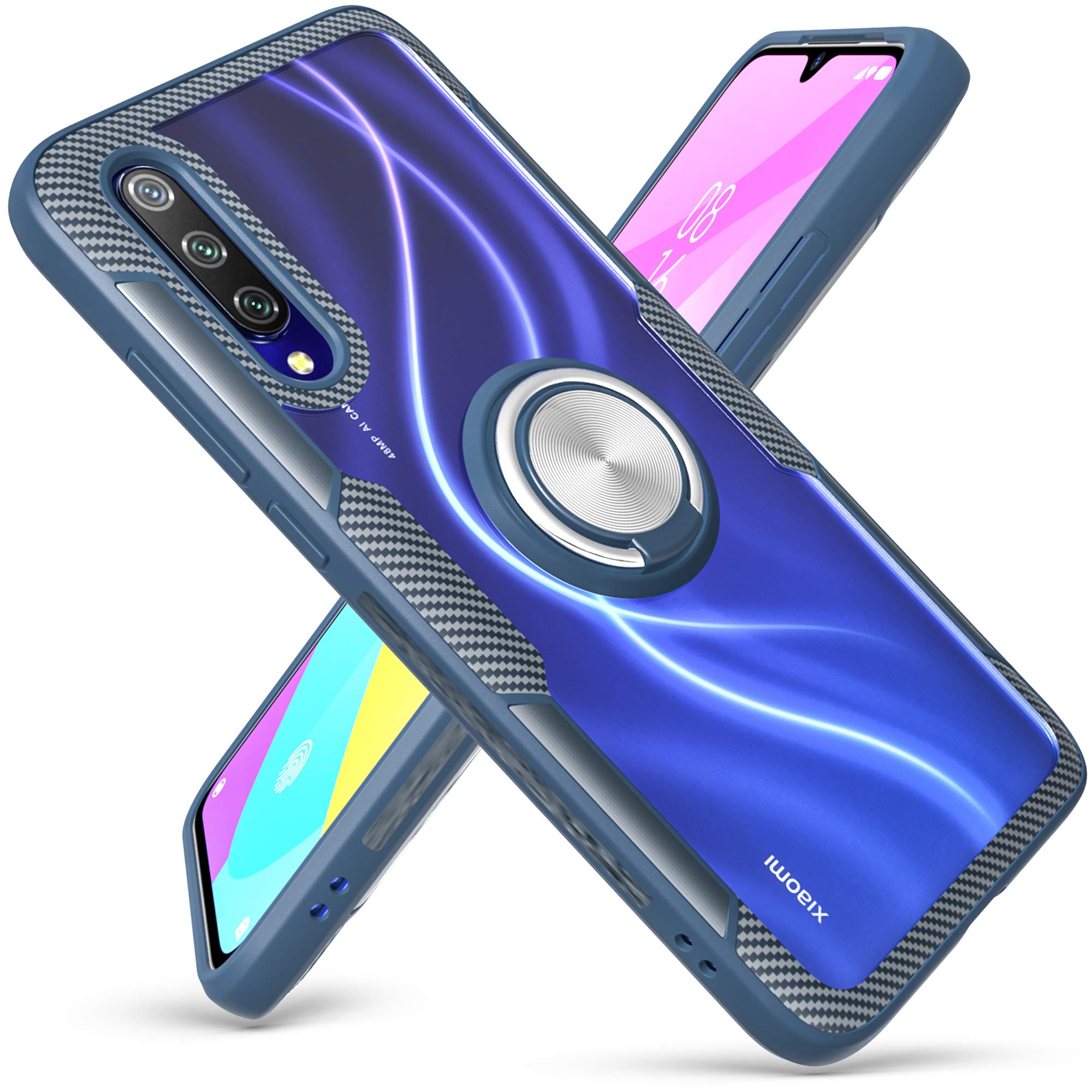 QSEEL Clear Ring Armor Case for Xiaomi Mi 9 Lite/Mi A3 Lite - Shockproof Hybrid Cover with Soft TPU Rim & Crystal Acrylic Panel, Built-in Stand (Navy) - Perfect for Daily Protection, Gaming & Travel
