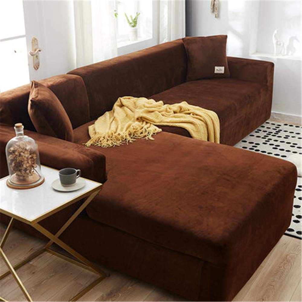 Soft Velour L-Shaped Sectional Sofa Covers - Elastic Bottom Jacquard Chaise Lounge Slipcover Set for Living Room, Home Theater & Family Room - Chocolate Brown Stretchable Couch Protector