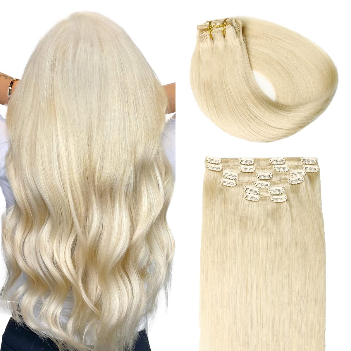 SURNEL 16Inch 100G 6Pcs Clip in Hair Extensions - 100% Real Human Hair, Seamless Platinum Blonde (C#60) for Thick Natural Volume - Perfect for Parties, Weddings & Daily Styling