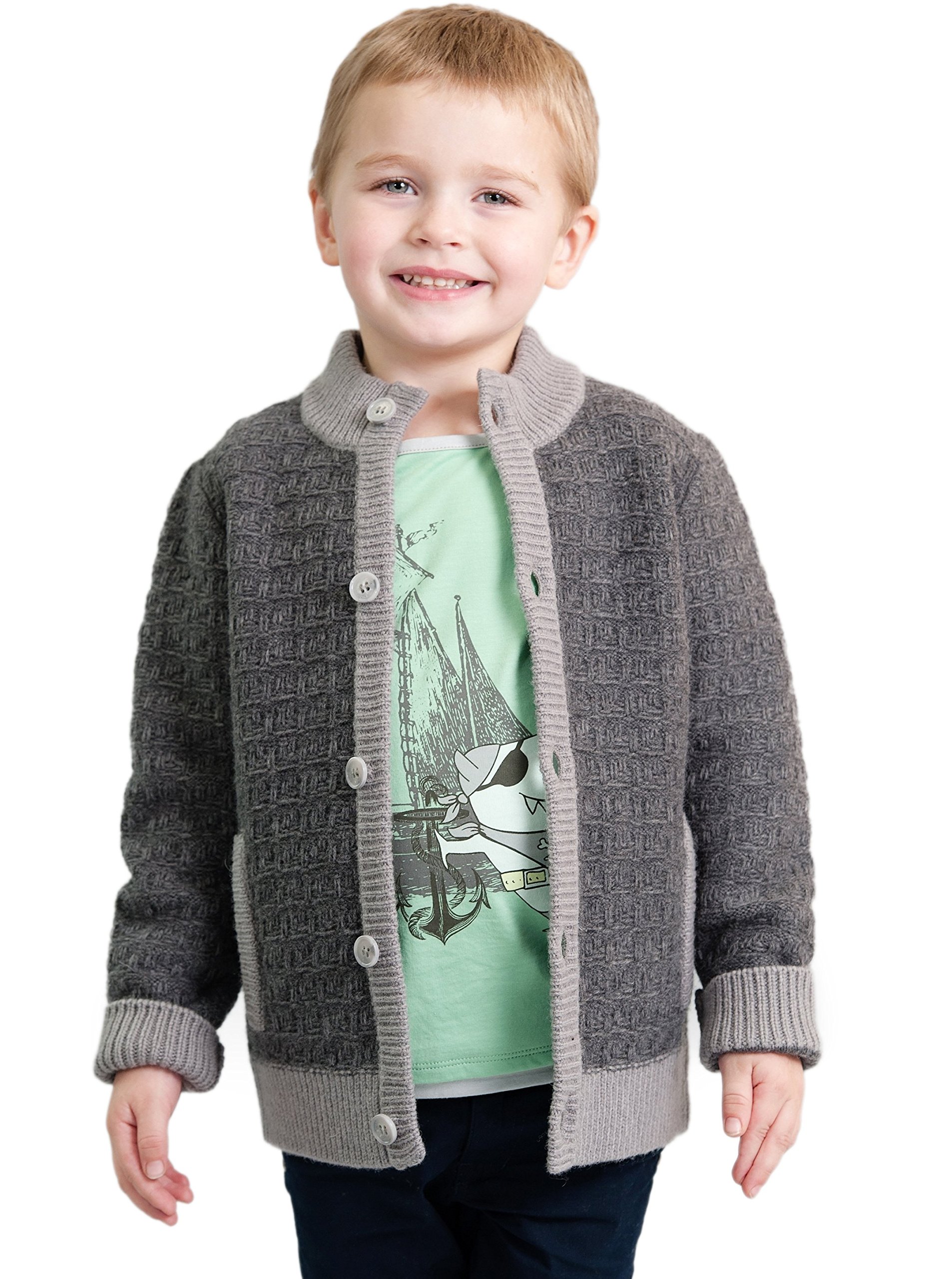 Dakomoda Boys' Thick Wool Gray Cardigan Sweater with Pockets - Warm Winter Knitwear for Toddlers, Cozy Outfit for Playdates & Family Outings