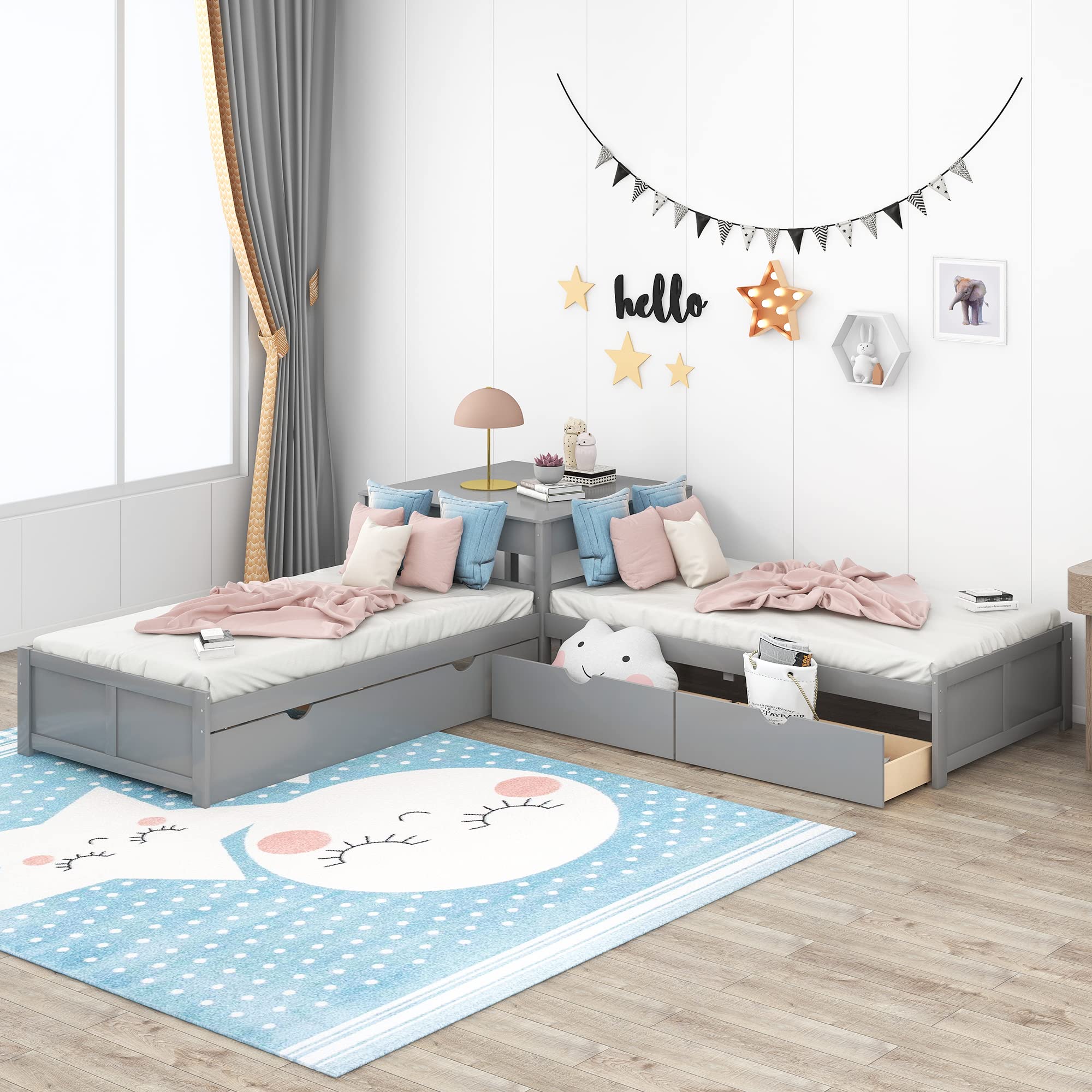 SOFTSEA Low Profile L-Shaped Bed Frame with Trundle & Storage Drawers - Space Saving Corner Bed with Built-in Nightstand for Small Bedrooms, Dorms & Studio Apartments