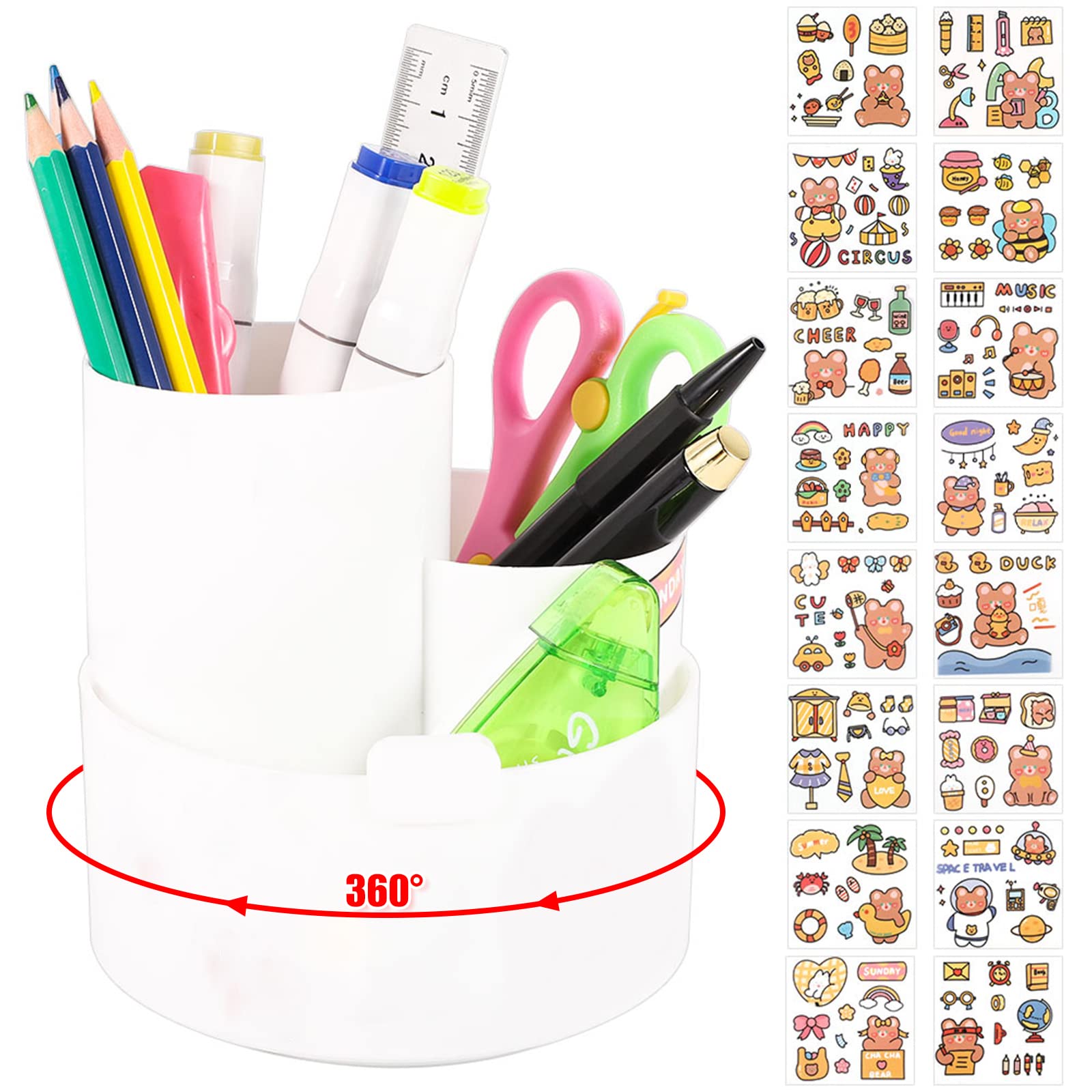 360° Rotating Pencil Holder with 3 Slots - Multifunctional Desk Organizer for Pens, Pencils & Crayons - Perfect for Home, Office & School Use - Includes Fun Stickers for Kids