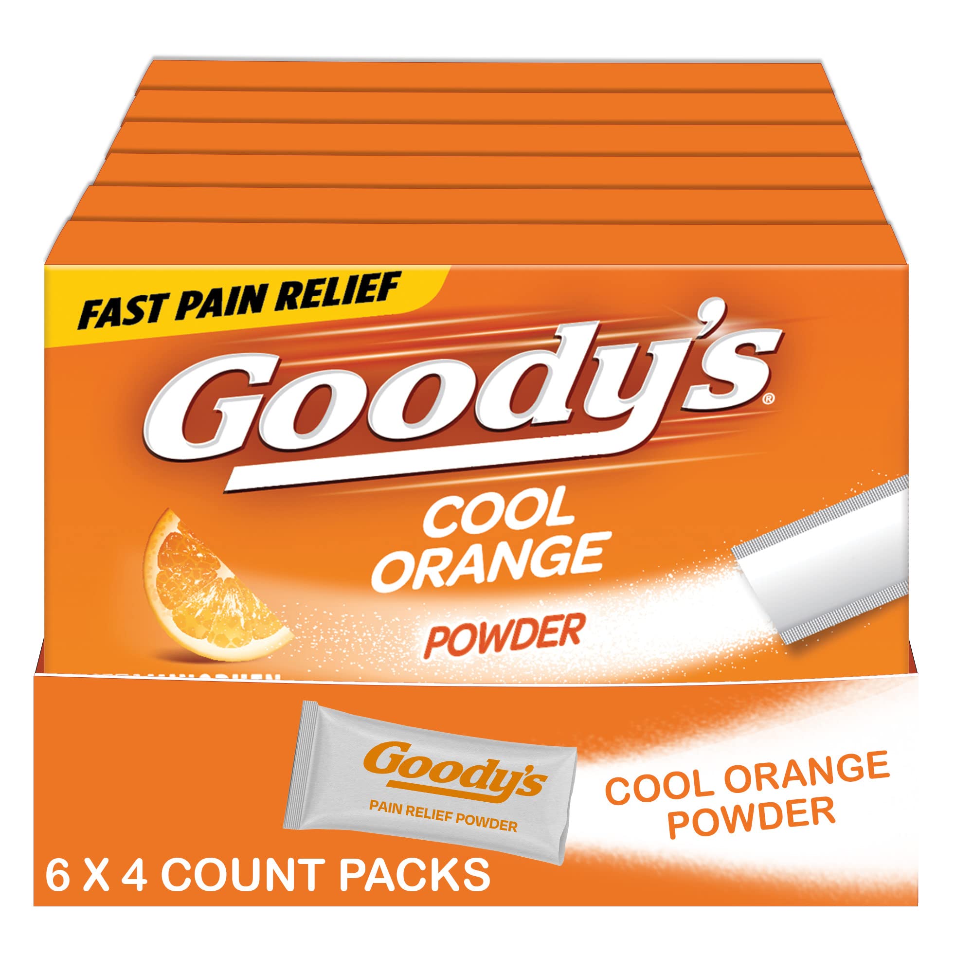Goody's Headache Powder - Fast-Acting Acetaminophen & Aspirin Pain Relief | Cool Orange Flavor Dissolve Packs | 4 Powder Sticks (6 Pack) | Ideal for Migraines, Tension Headaches & Travel
