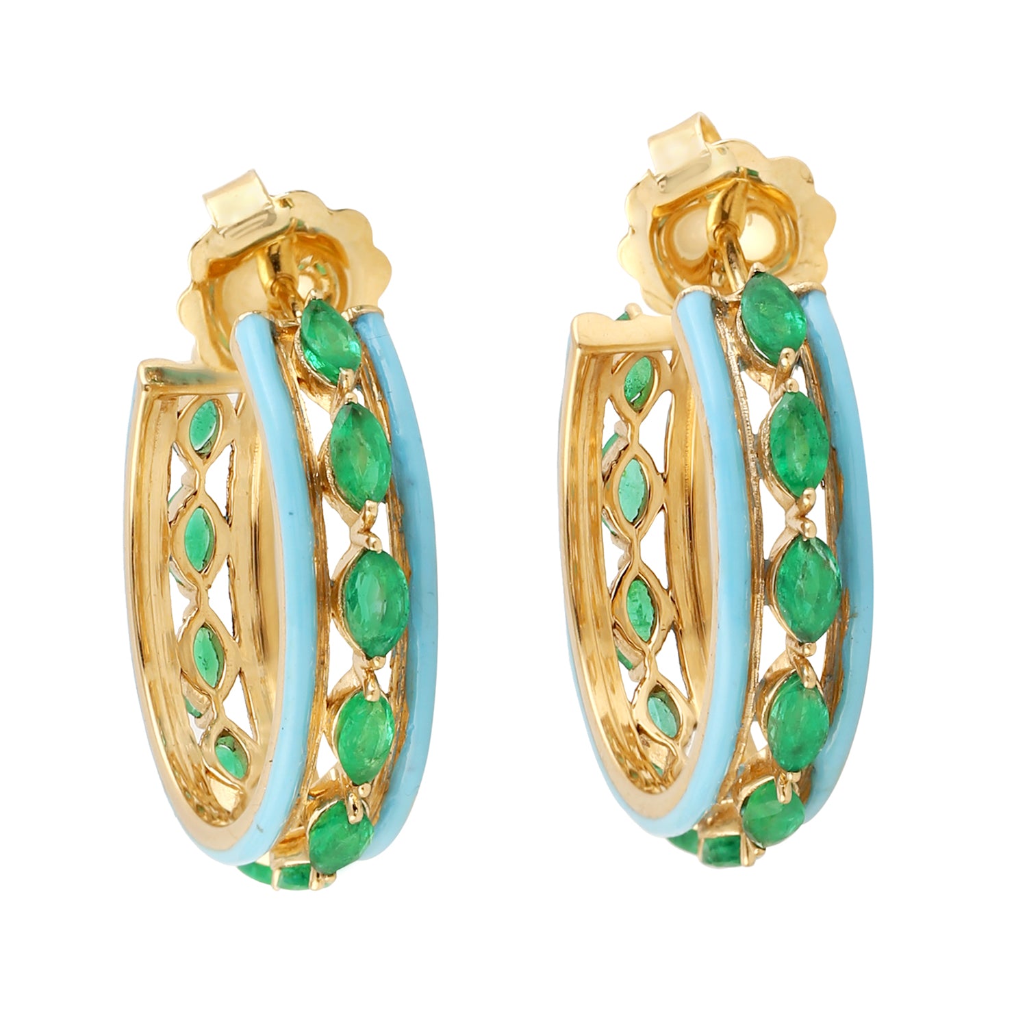 18K Yellow Gold Marquise Cut Emerald Gemstone Enamel Hoop Earrings - Elegant Jewelry for Weddings, Parties & Special Occasions