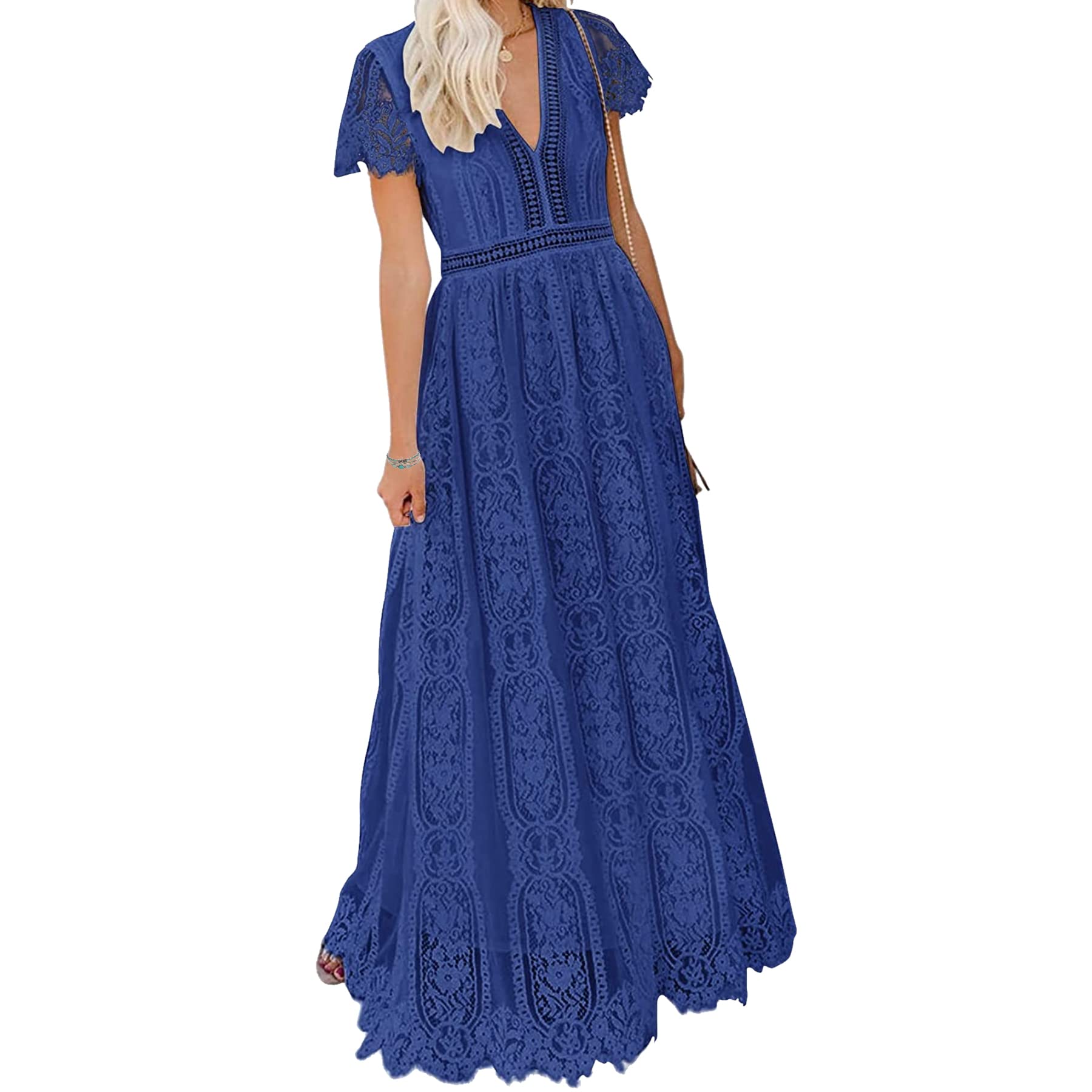 BIGSPCE Women's Sexy Floral Lace Long Dress - V-Neck Short Sleeve Bridesmaid Gown for Wedding, Cocktail Party & Formal Dinner - Elegant Evening Dress for Special Occasions