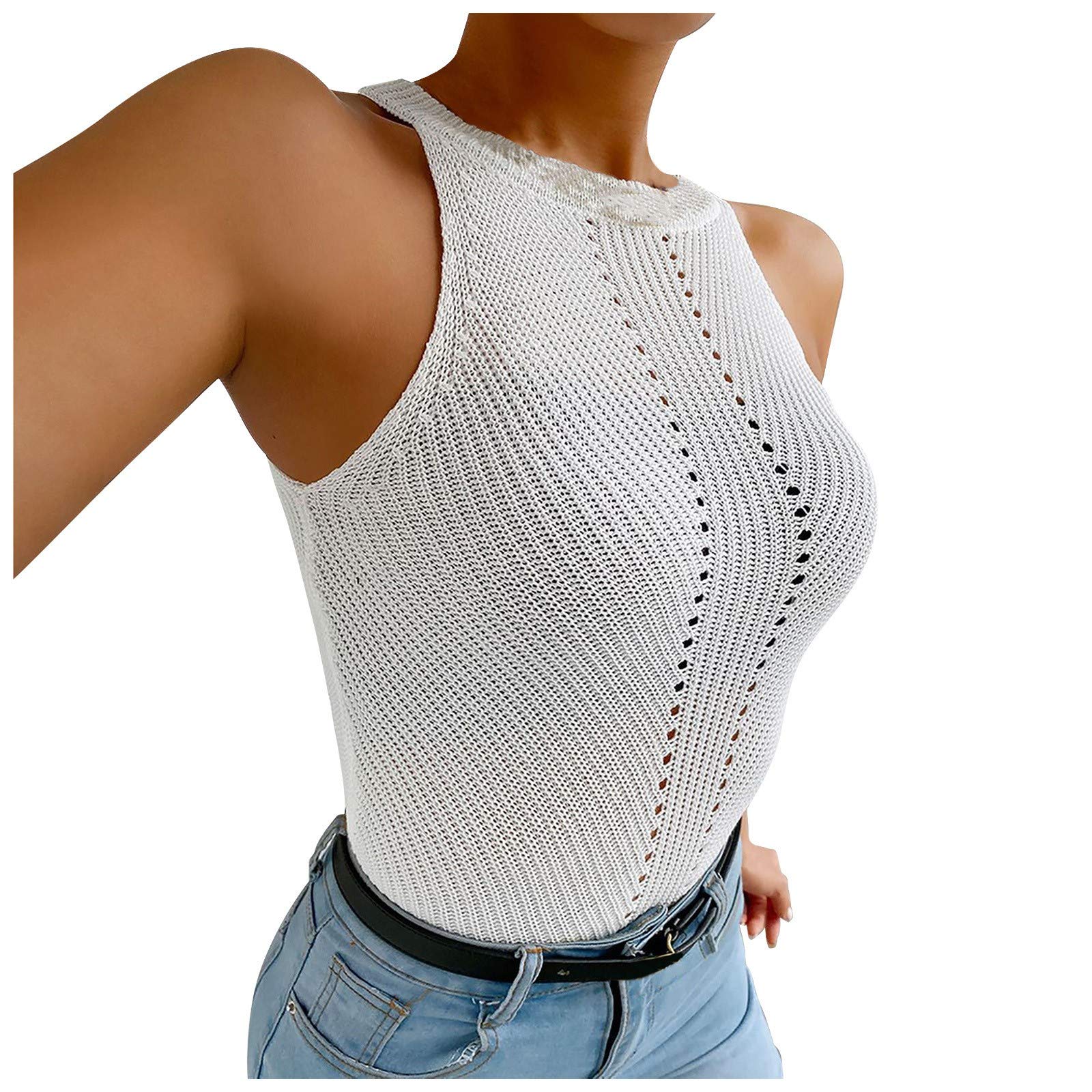Women's Loose Fit Knitted Tank Top - Soft Casual Pullover Vest, Solid Color O-Neck Hollow Out Blouse (White, Medium) | Perfect for Summer Outfits, Beach Wear & Layering