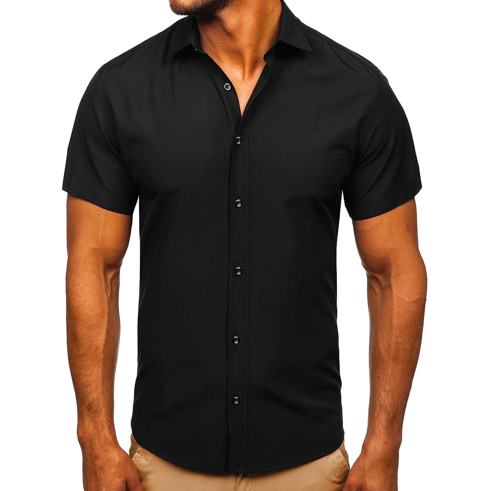 HOLYWIM Men's Short Sleeve Dress Shirts - Regular Fit Casual Button Down Business Formal Chambray Shirt for Big & Tall - Perfect for Office, Work, Weddings & Special Occasions