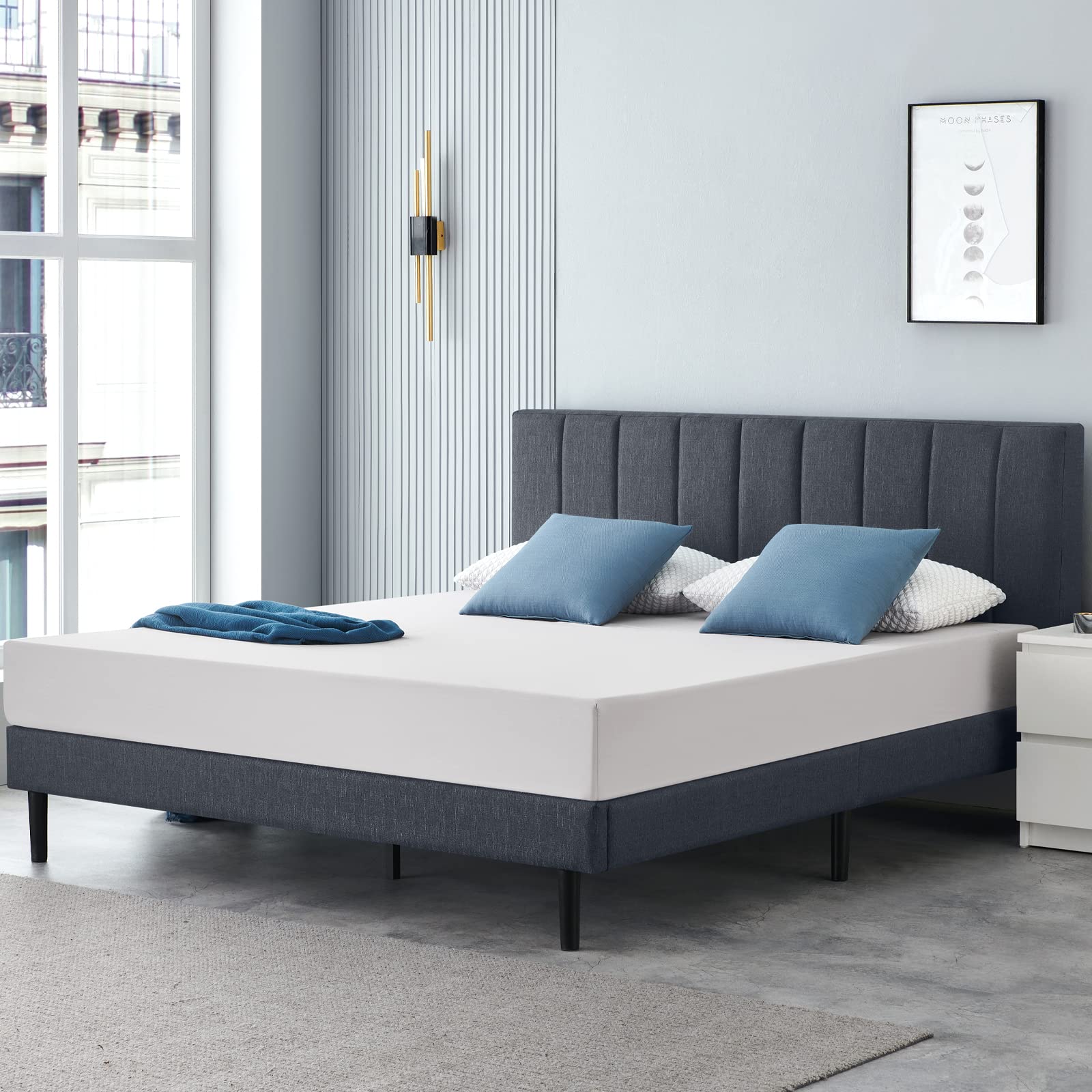 Molblly Twin Bed Frame with Headboard - Sturdy Wooden Slats, High Weight Capacity, Non-Slip & Noise-Free Platform - No Box Spring Needed, Easy Assembly, Dark Gray - Perfect for Kids Rooms, Guest Bedrooms & Small Spaces