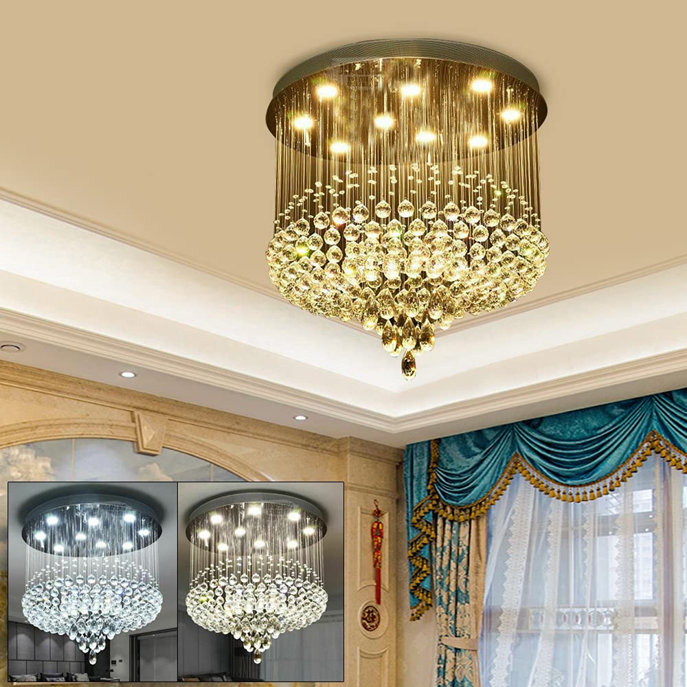 Luxury Crystal Chandelier Modern Flush Mount Ceiling Light Fixture - Elegant Hanging Lighting for Living Room, Dining Room, Foyer, Reception - Perfect for Home Decor, Wedding Venues & Luxury Hotels